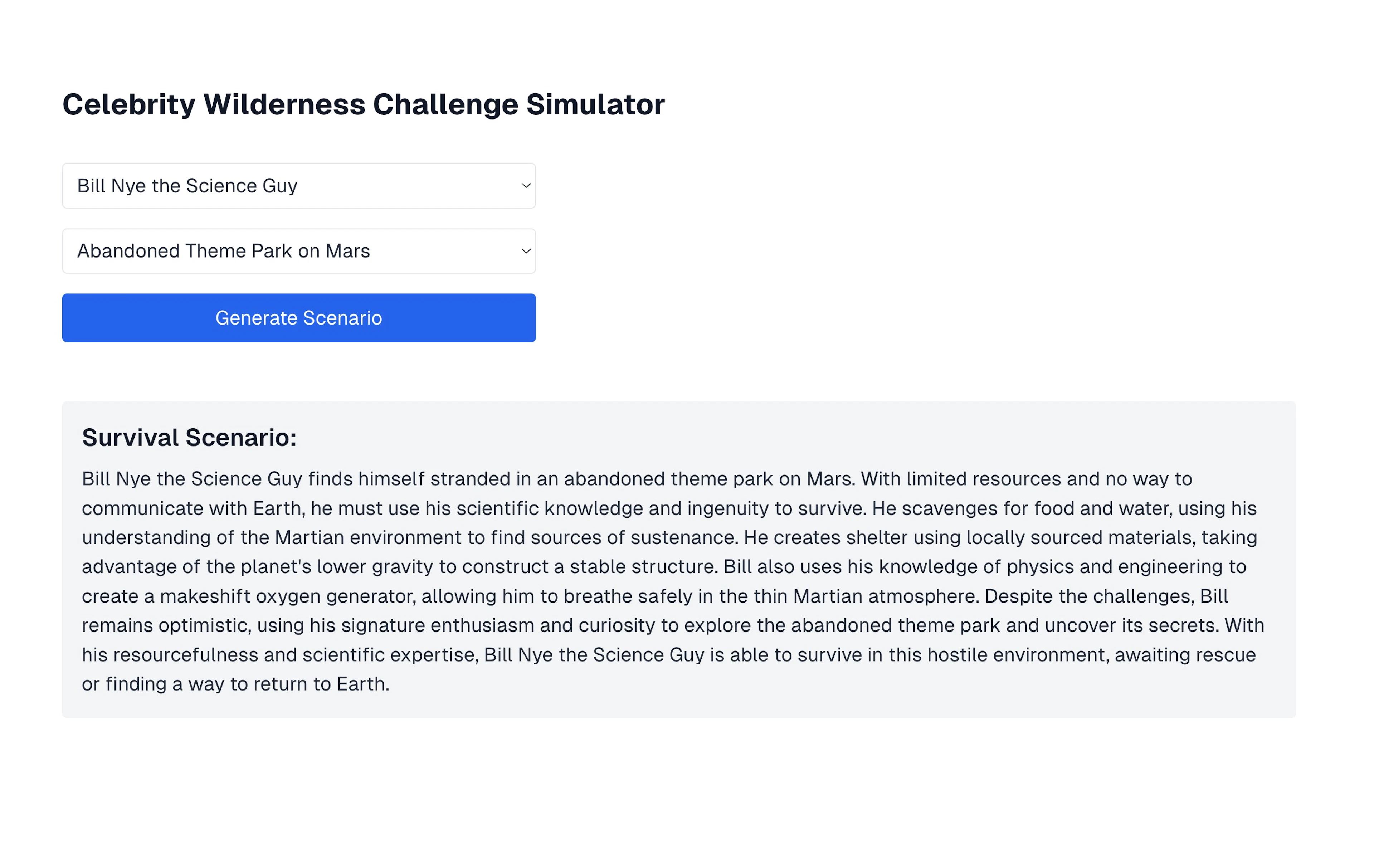 A webpage of the Celebrity Wilderness Challenge Simulator, with "Bill Nye the Science Guy" and "Abandoned Theme Park on Mars" selected. The generated survival scenario is displayed, describing Bill Nye's efforts to survive on Mars using scientific knowledge.