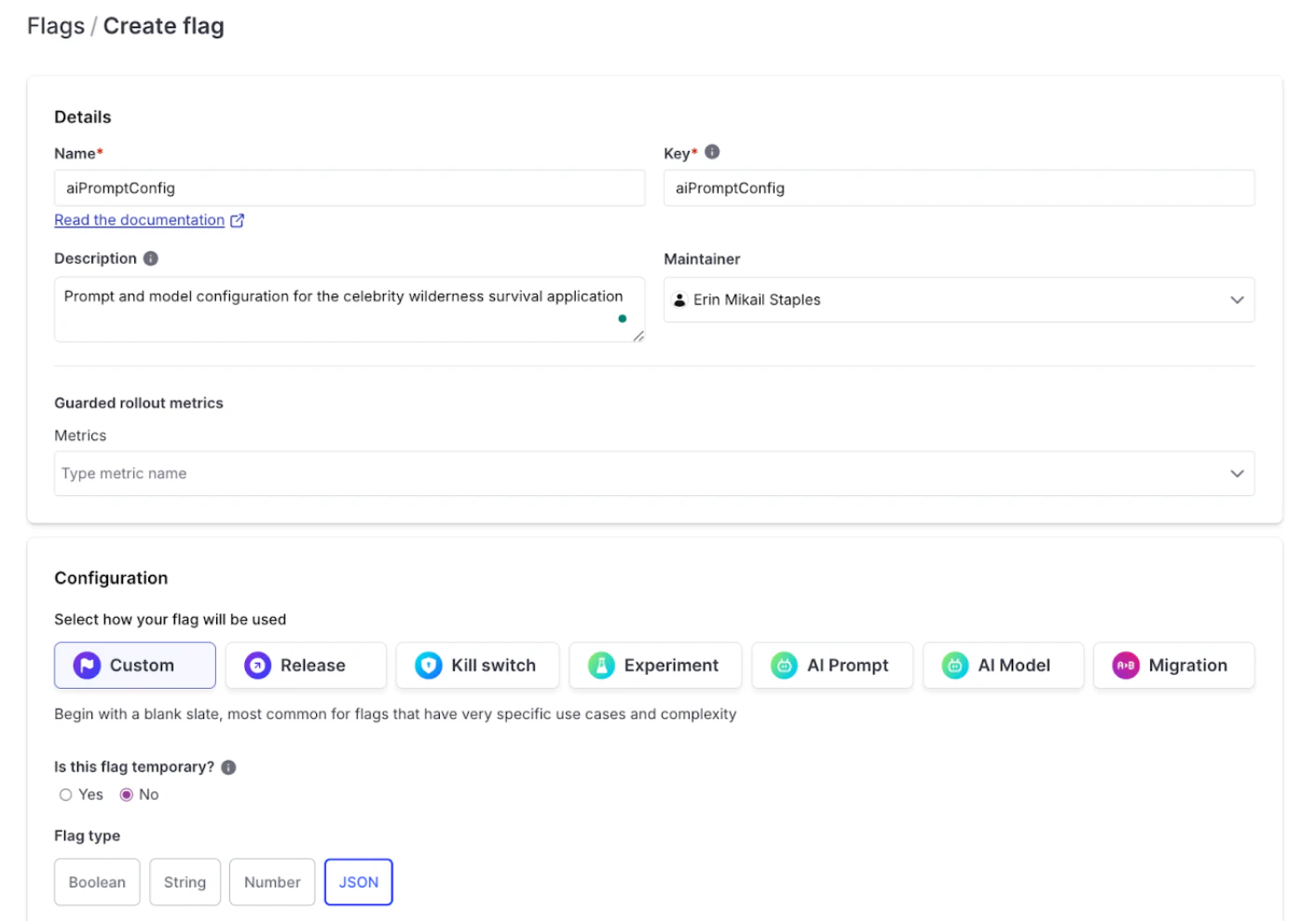 A form interface for creating a feature flag named "aiPromptConfig" with a description related to prompt and model configuration for a celebrity wilderness survival application. Configuration options include flag types and settings for custom, release, kill switch, experiment, AI prompt, AI model, and migration