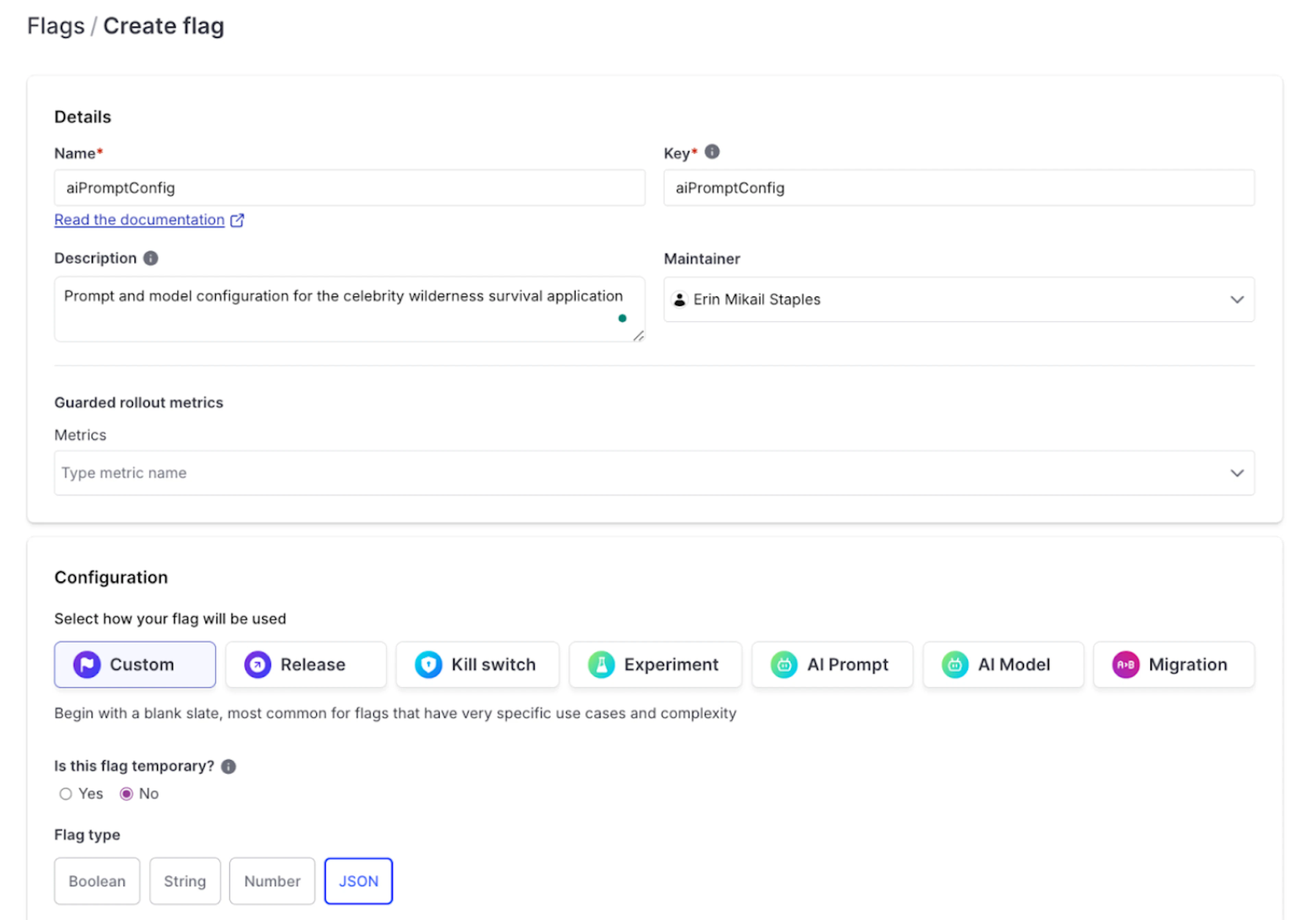 A form interface for creating a feature flag named "aiPromptConfig" with a description related to prompt and model configuration for a celebrity wilderness survival application. Configuration options include flag types and settings for custom, release, kill switch, experiment, AI prompt, AI model, and migration