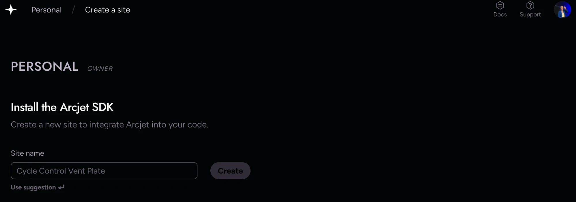 Interface for creating a site with the Arcjet SDK, with a suggestion for a site name.