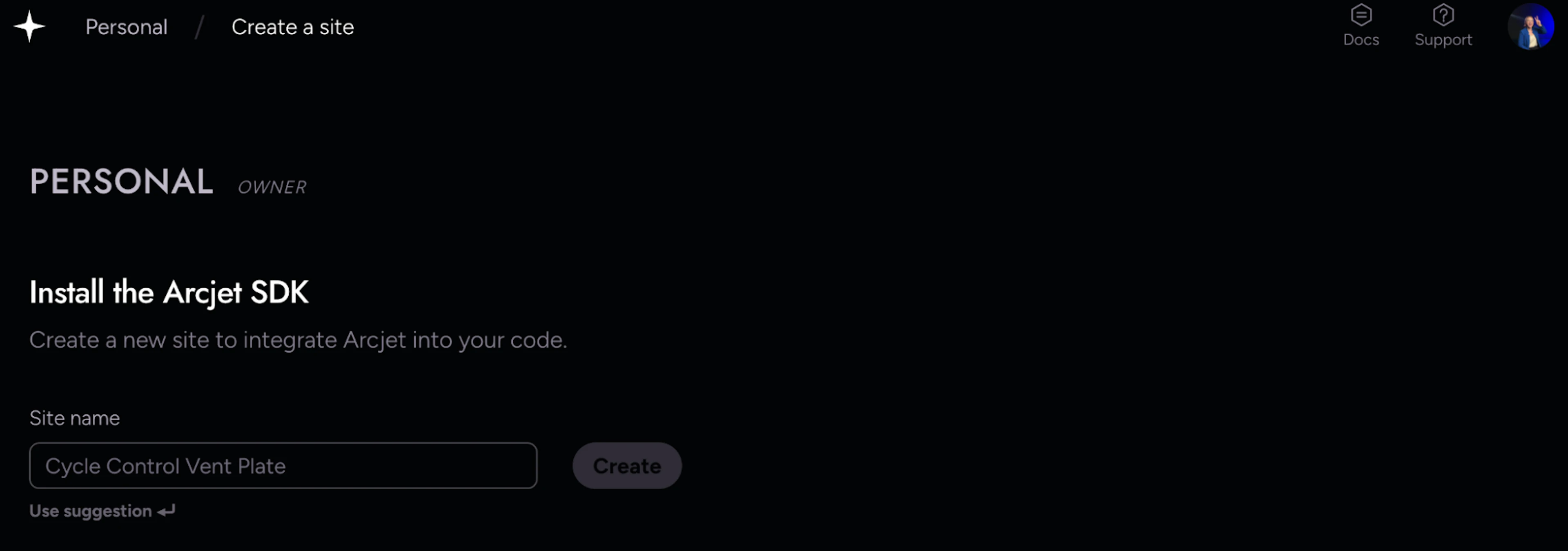 Interface for creating a site with the Arcjet SDK, with a suggestion for a site name.