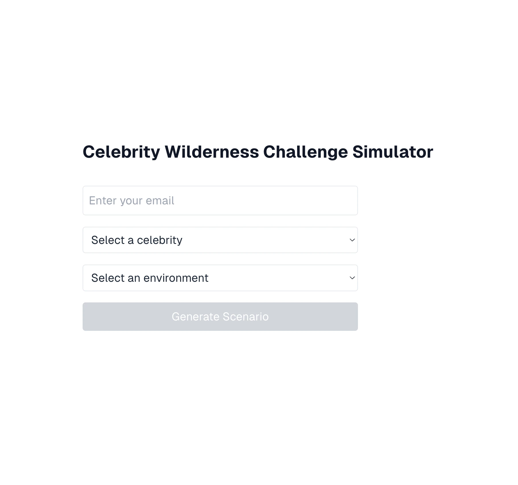 Form interface for generating a wilderness challenge scenario by selecting a celebrity and an environment.