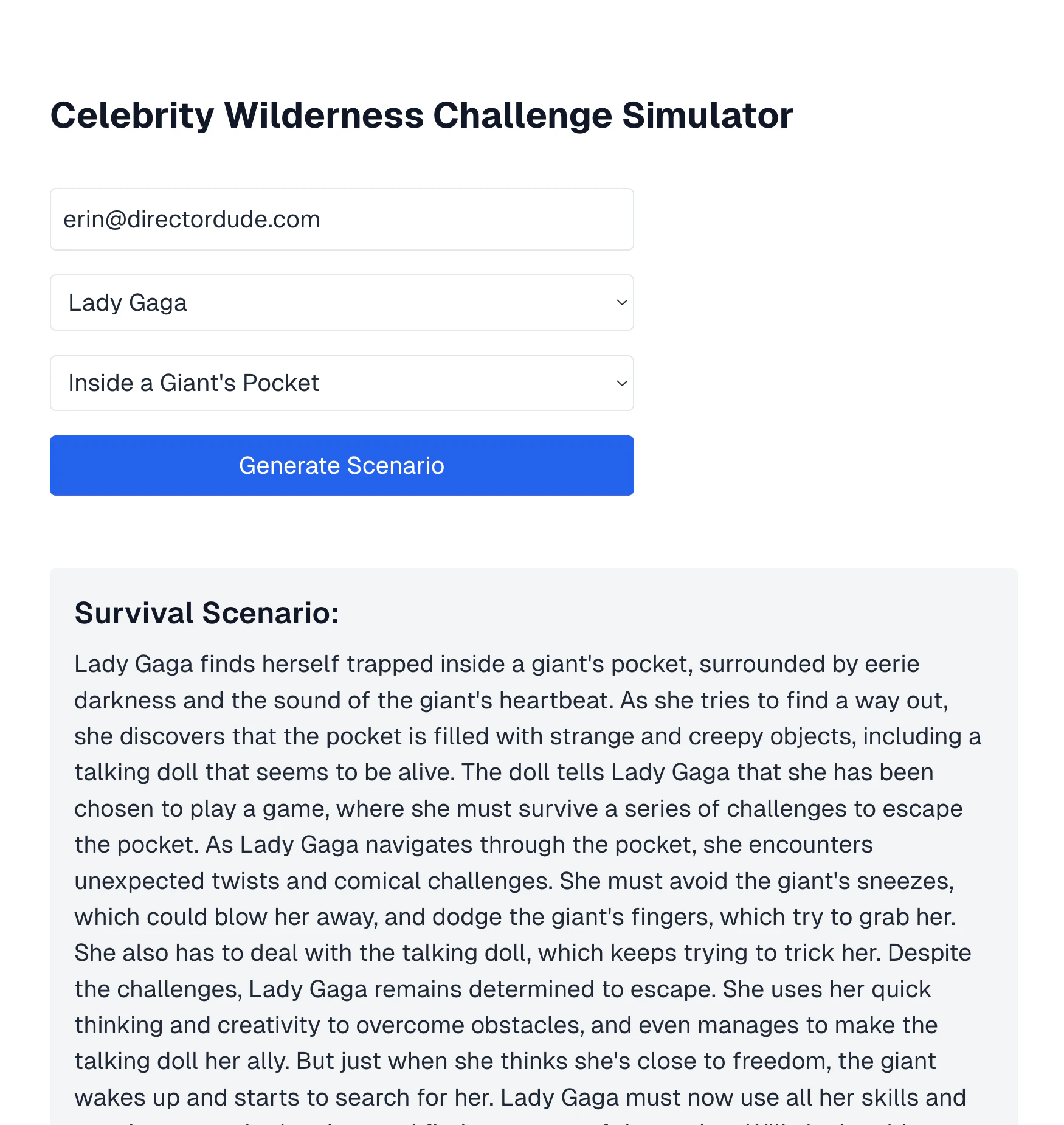 Survival scenario form with email, celebrity, and environment inputs, along with a detailed generated scenario for Lady Gaga