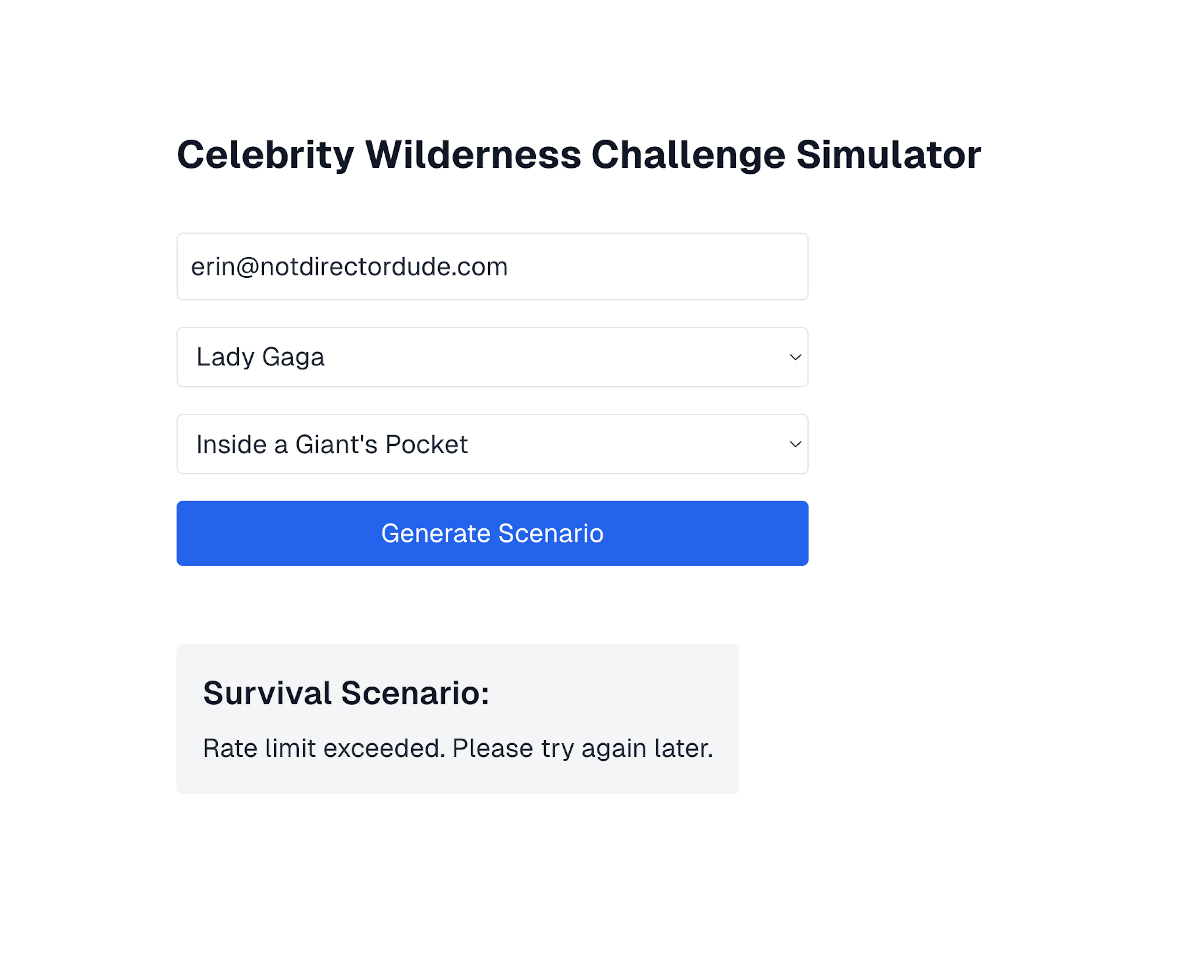 Celebrity Wilderness Challenge Simulator form with a rate limit exceeded error message