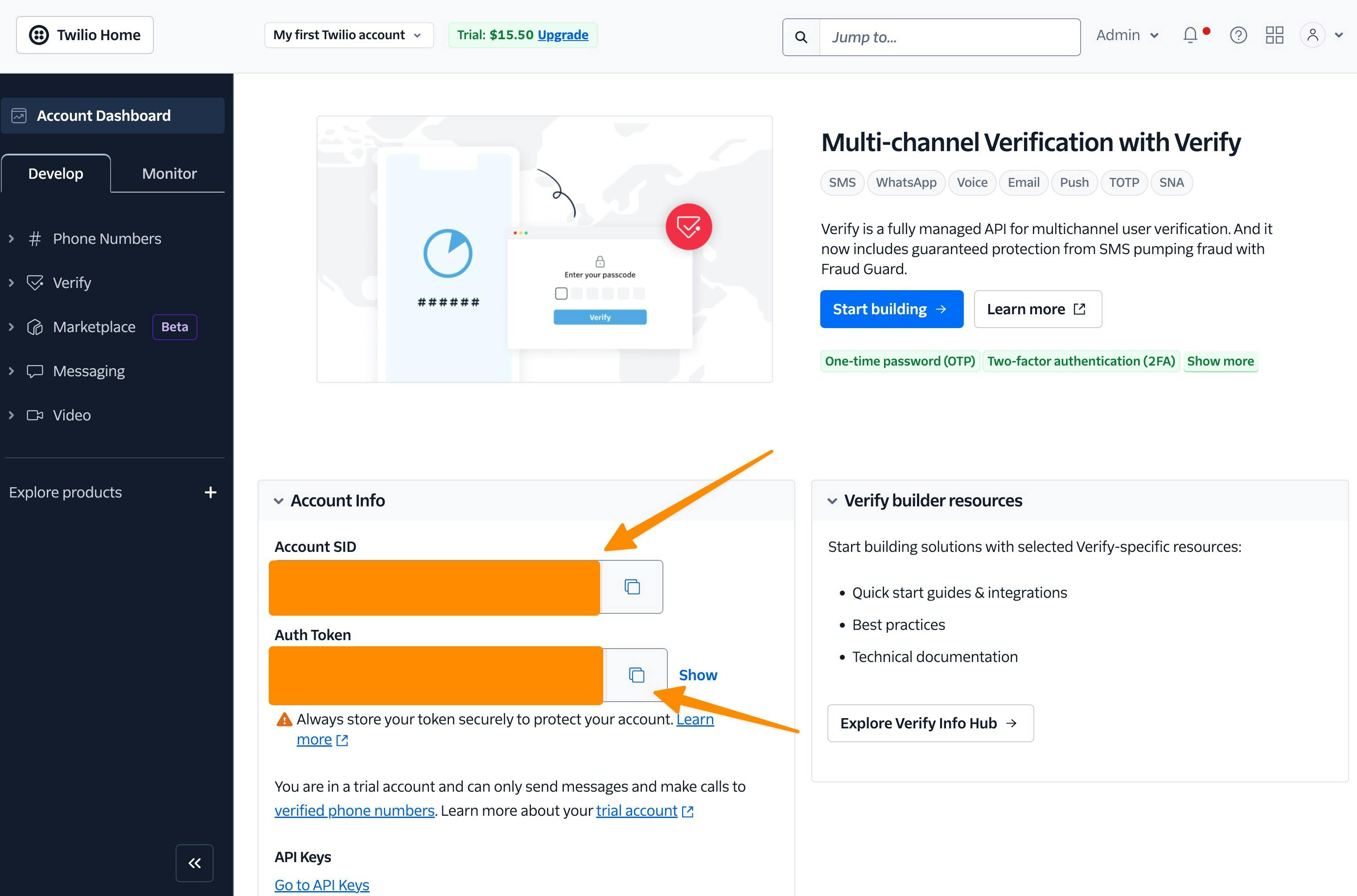 screenshot of the Twilio Console for a trial account, demonstrating where to copy the Account SID and auth token from.