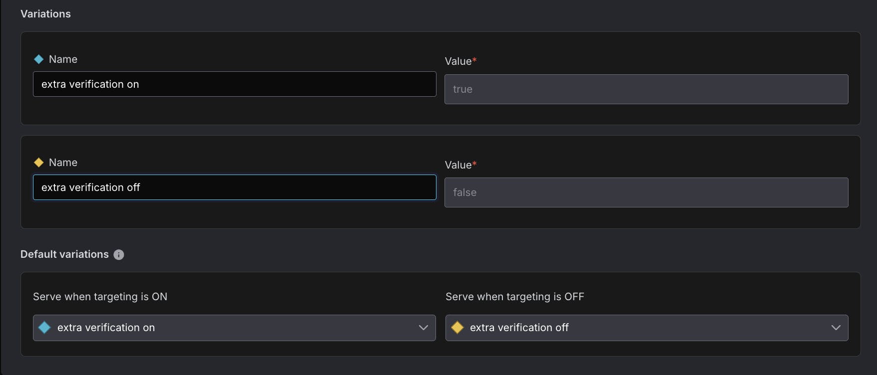 Screenshot of flag variations configuration.