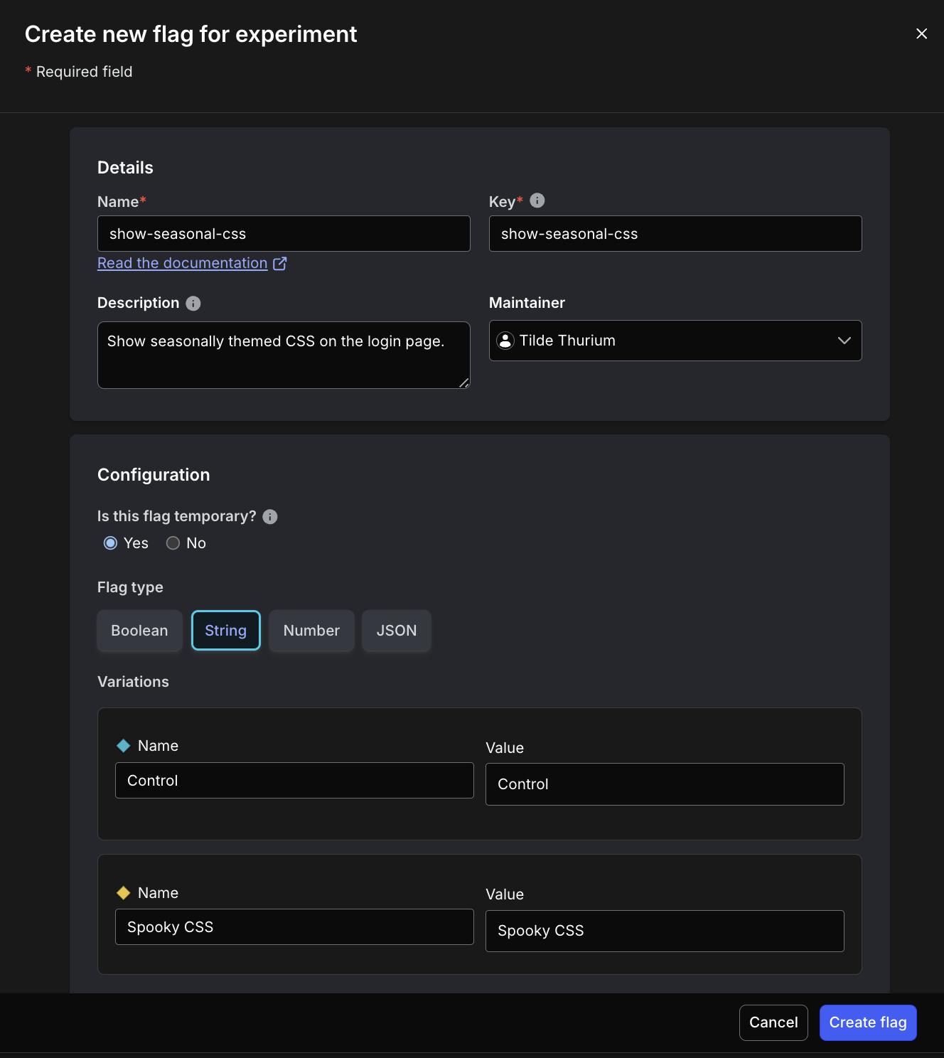 Screenshot demonstrating flag configuration for experiment.