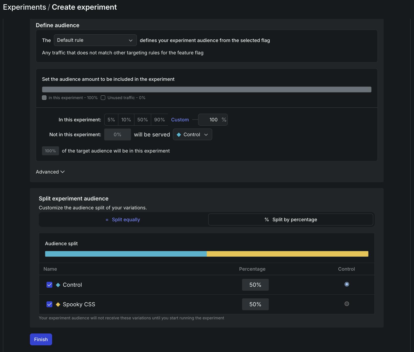 Experiment configuration showing the experiment being served to 100% of users, 50% seeing Control and 50% seeing the new variation.