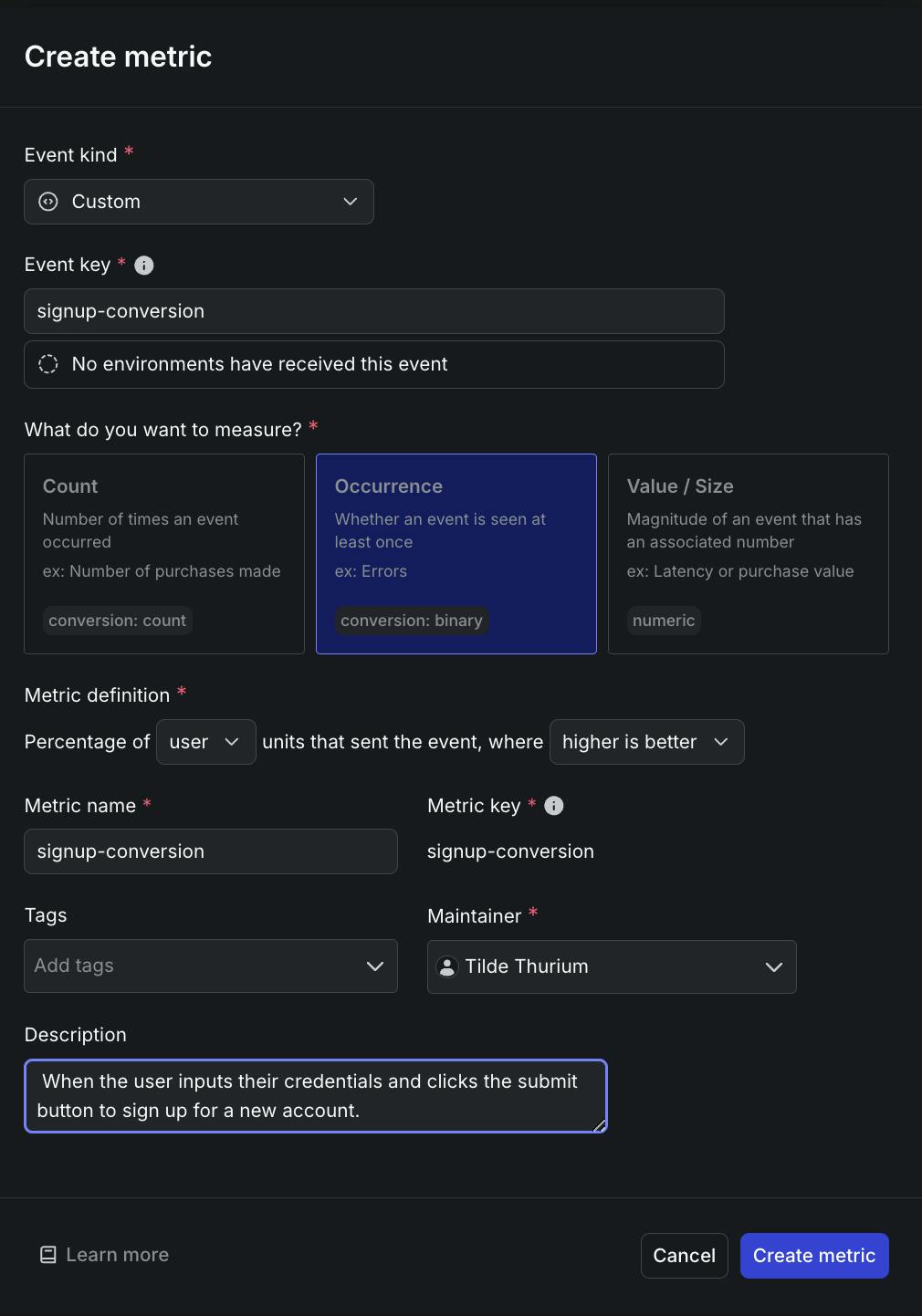 Screenshot demonstrating how to configure a LaunchDarkly metric for an A/B experiment.