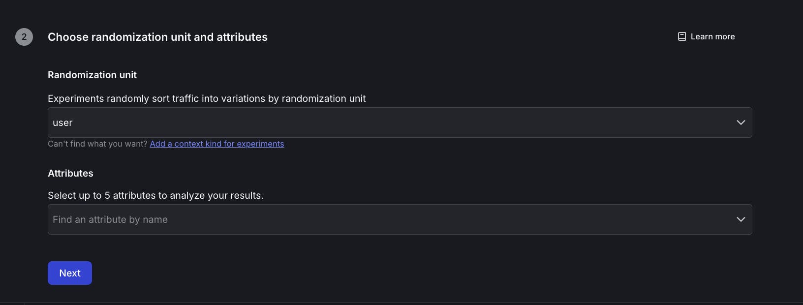 Screenshot of the second experiment configuration section, where you can select a randomization unit. 