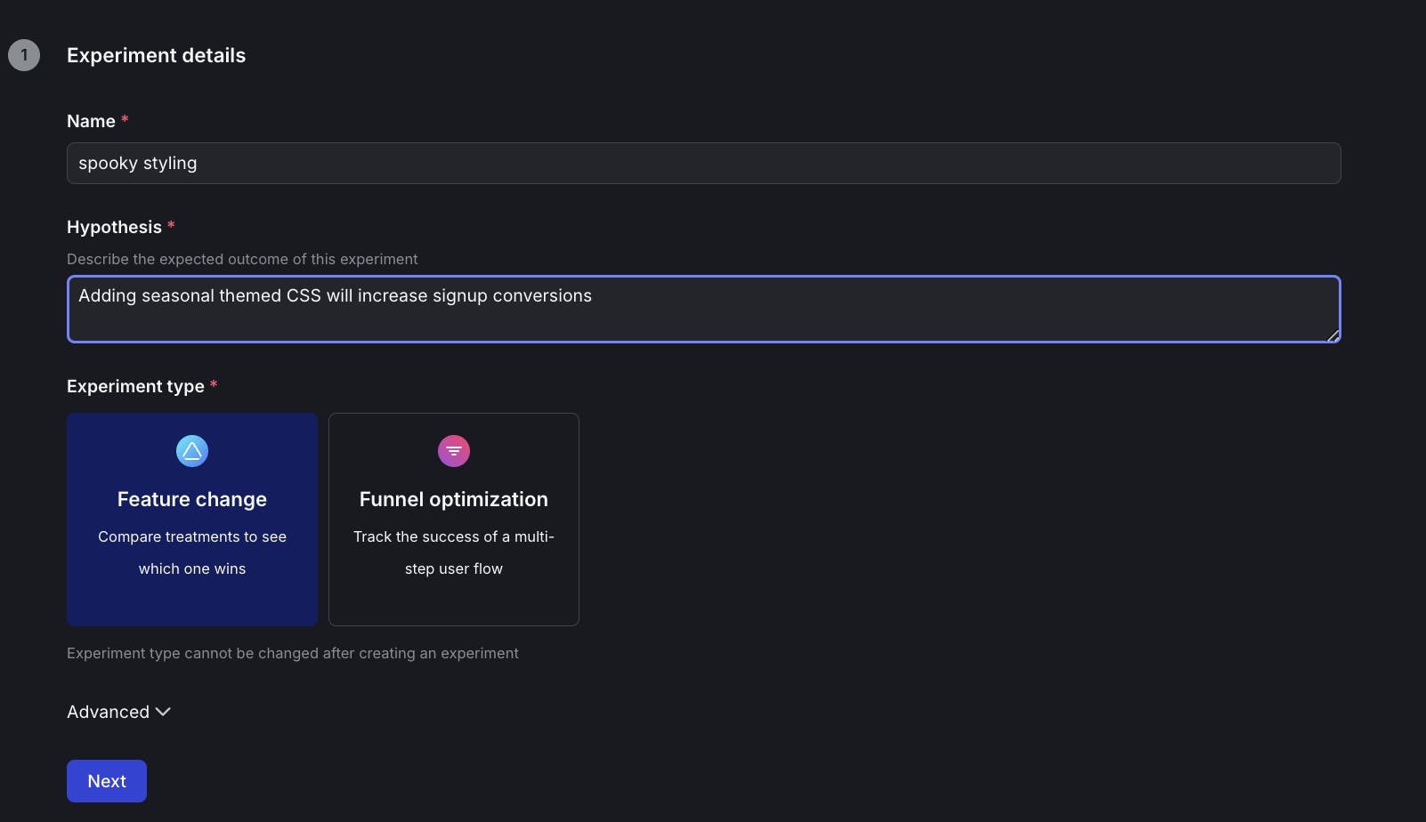 Screenshot of the initial experiment configuration dialog.