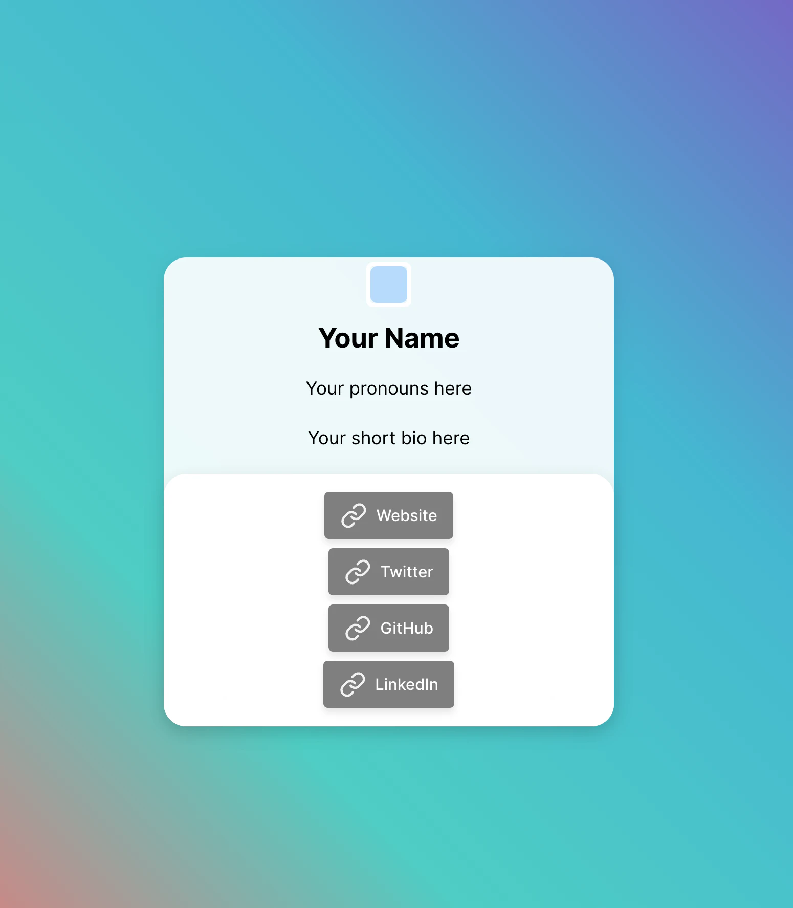 A personal profile card with placeholders for a name, pronouns, a short bio, and social media links including website, Twitter, GitHub, and LinkedIn on a gradient blue background.