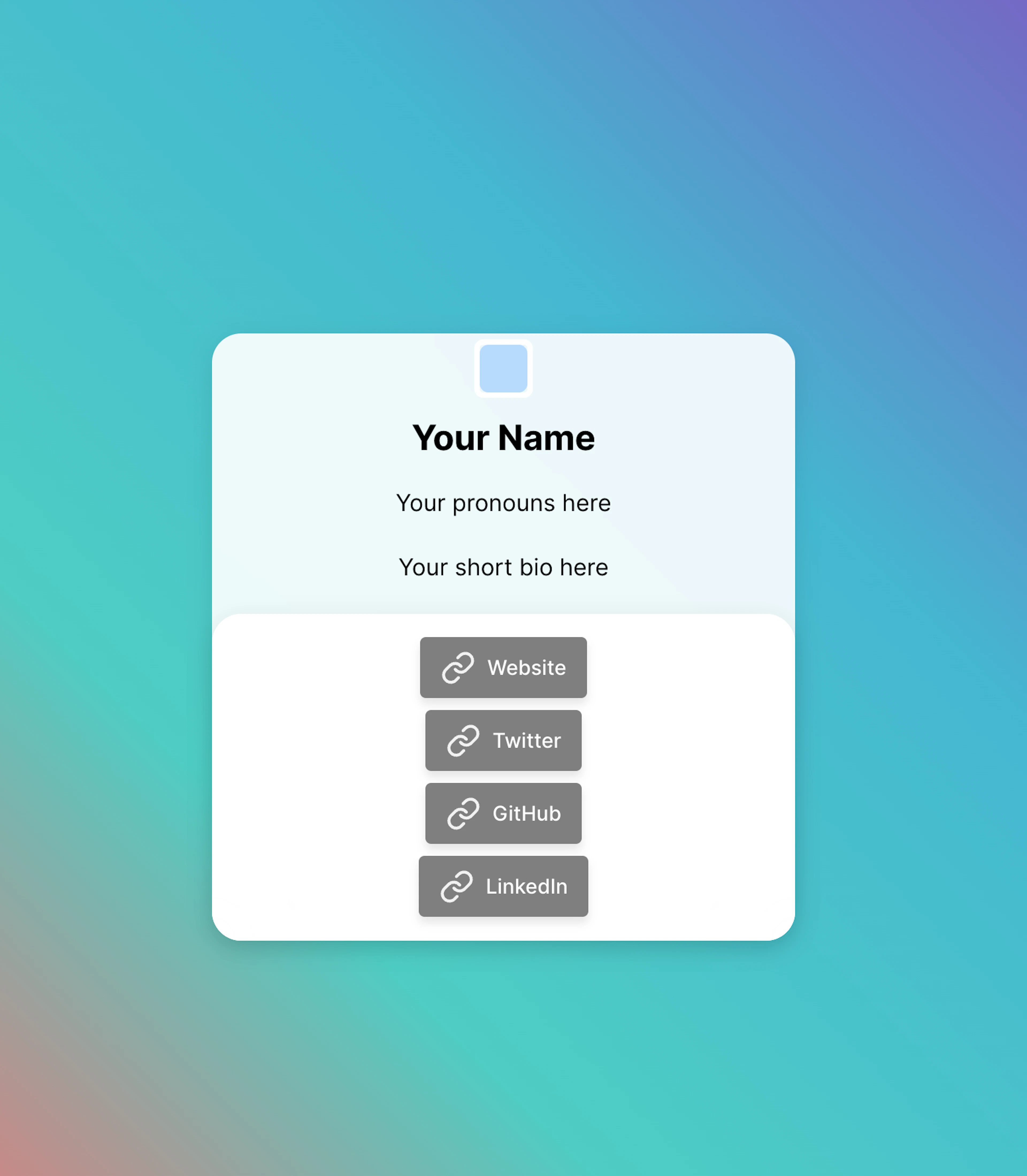 A personal profile card with placeholders for a name, pronouns, a short bio, and social media links including website, Twitter, GitHub, and LinkedIn on a gradient blue background.