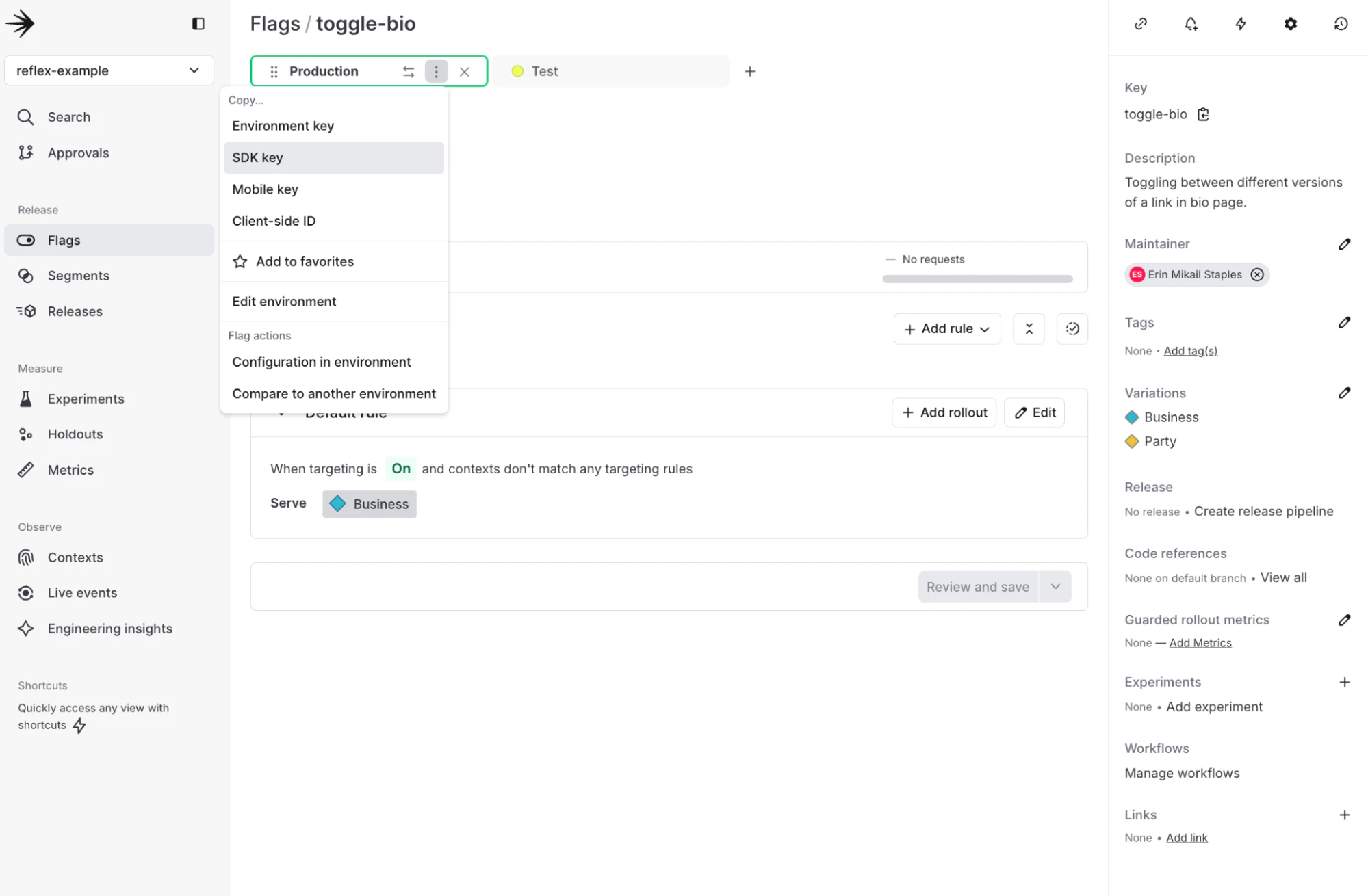 A dashboard interface showing a toggle for the "toggle-bio" feature in production and test environments. The screen includes options to add rules, edit rollouts, and configure the feature with variations for "Business" and "Party."