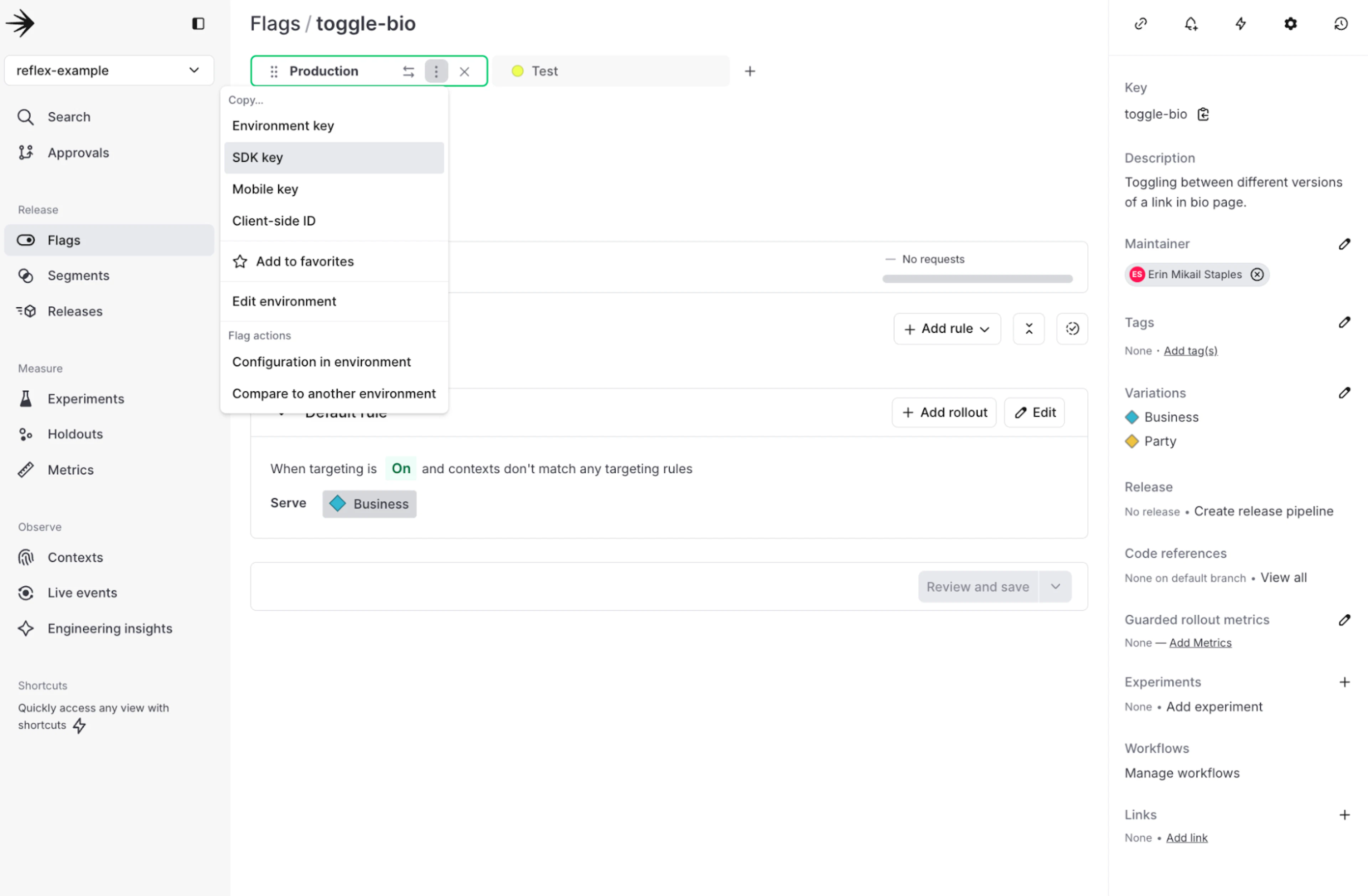 A dashboard interface showing a toggle for the "toggle-bio" feature in production and test environments. The screen includes options to add rules, edit rollouts, and configure the feature with variations for "Business" and "Party."