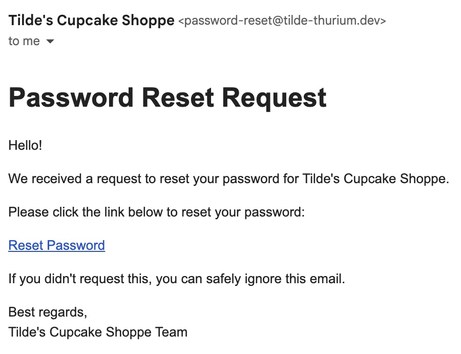 Screenshot of a password reset email from Tilde's Cupcake Shoppe, sent via Resend.