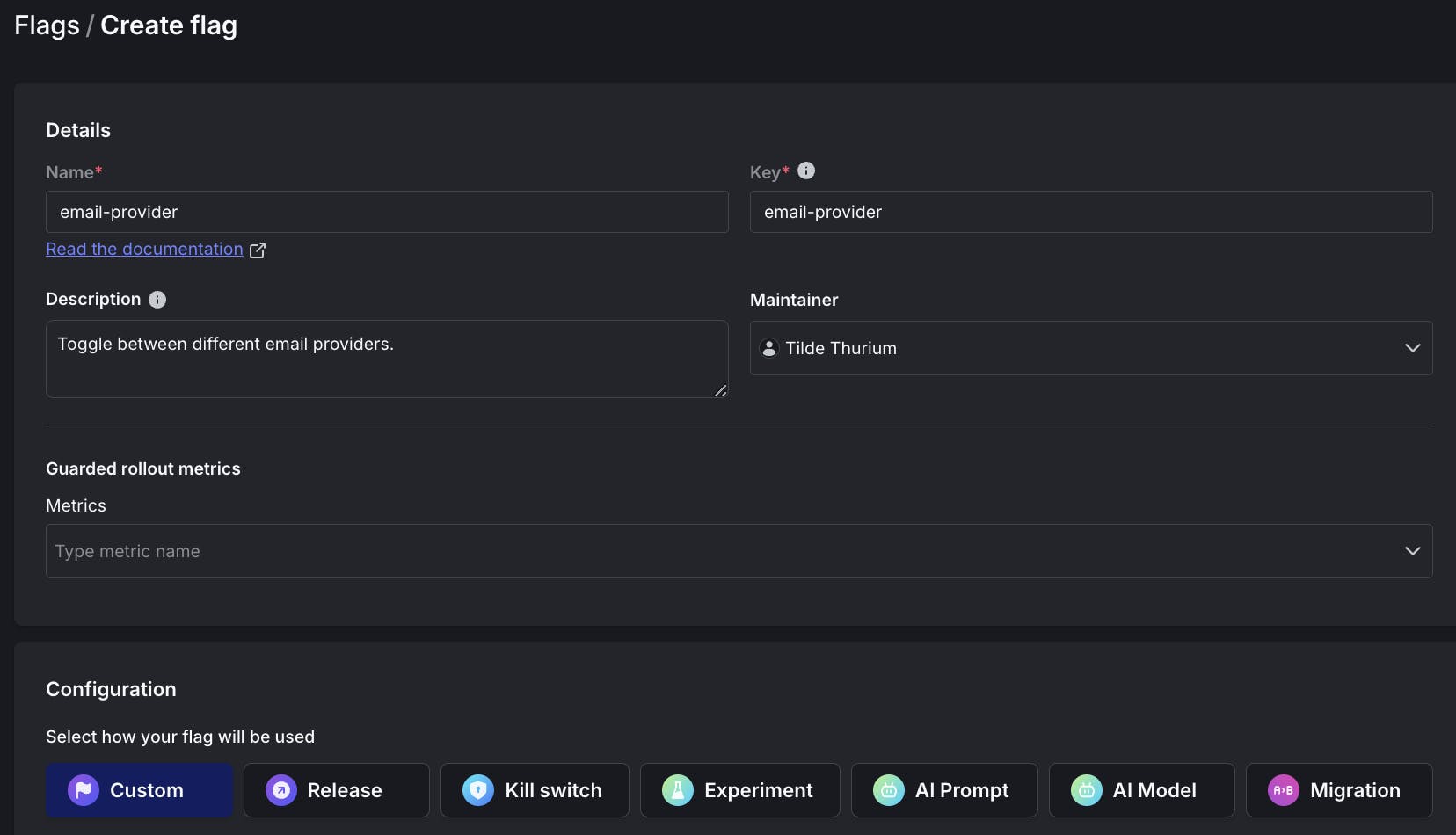 Screenshot of initial flag configuration for email-provider feature flag.