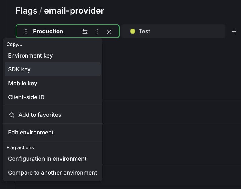 Screenshot of how to copy the SDK key for the email-provider flag.