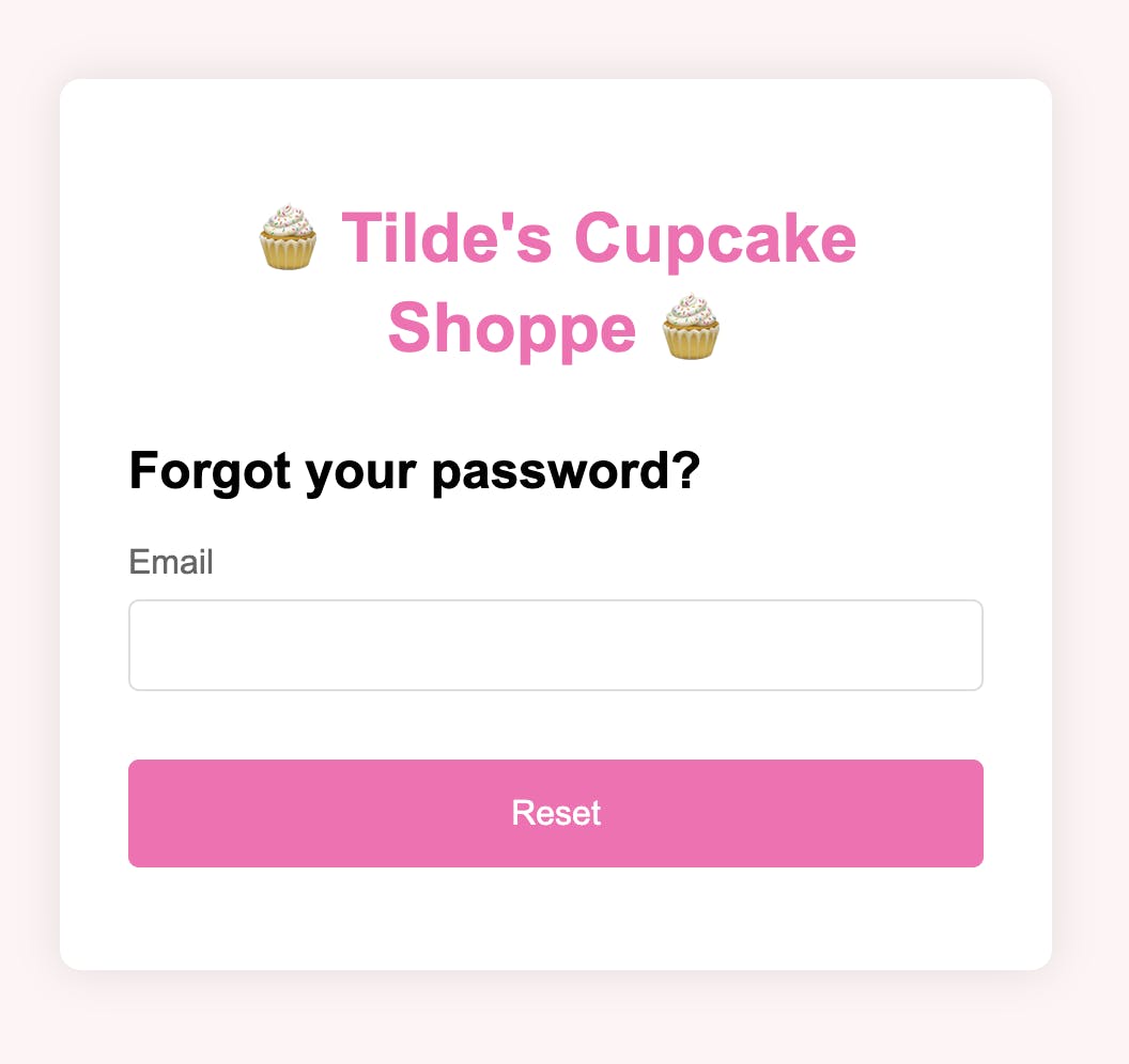 Screenshot of password reset flow for a demo application: Tilde's Cupcake Shoppe.