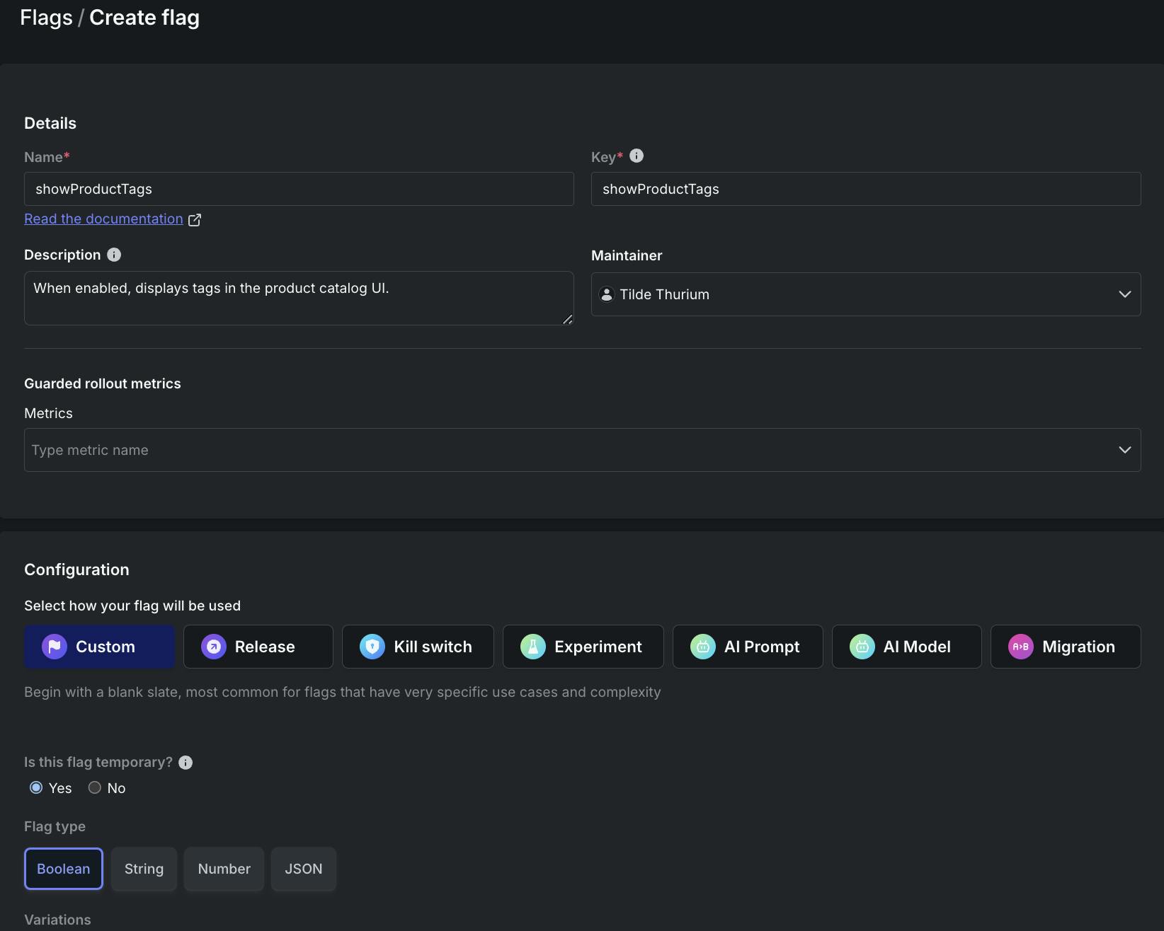 Screenshot of flag configuration for our example Contentful and React application.