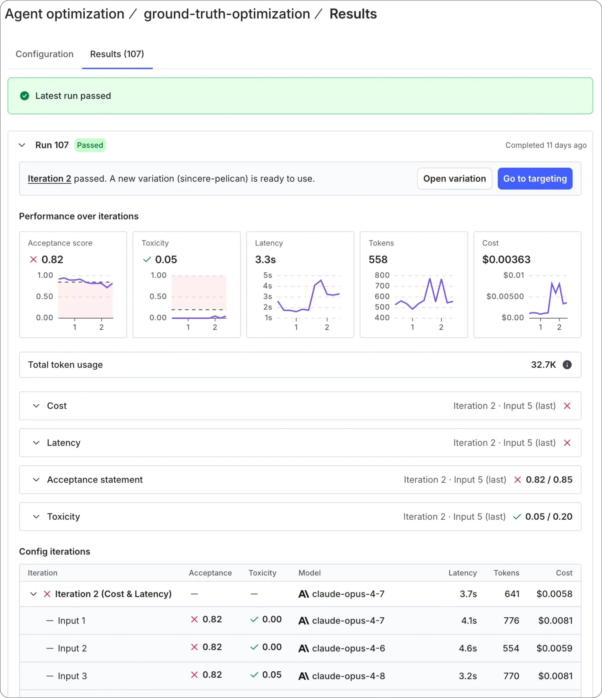 Agent optimization results in the LaunchDarkly UI