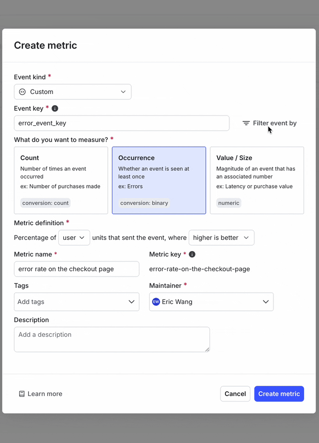 setting up metric filters
