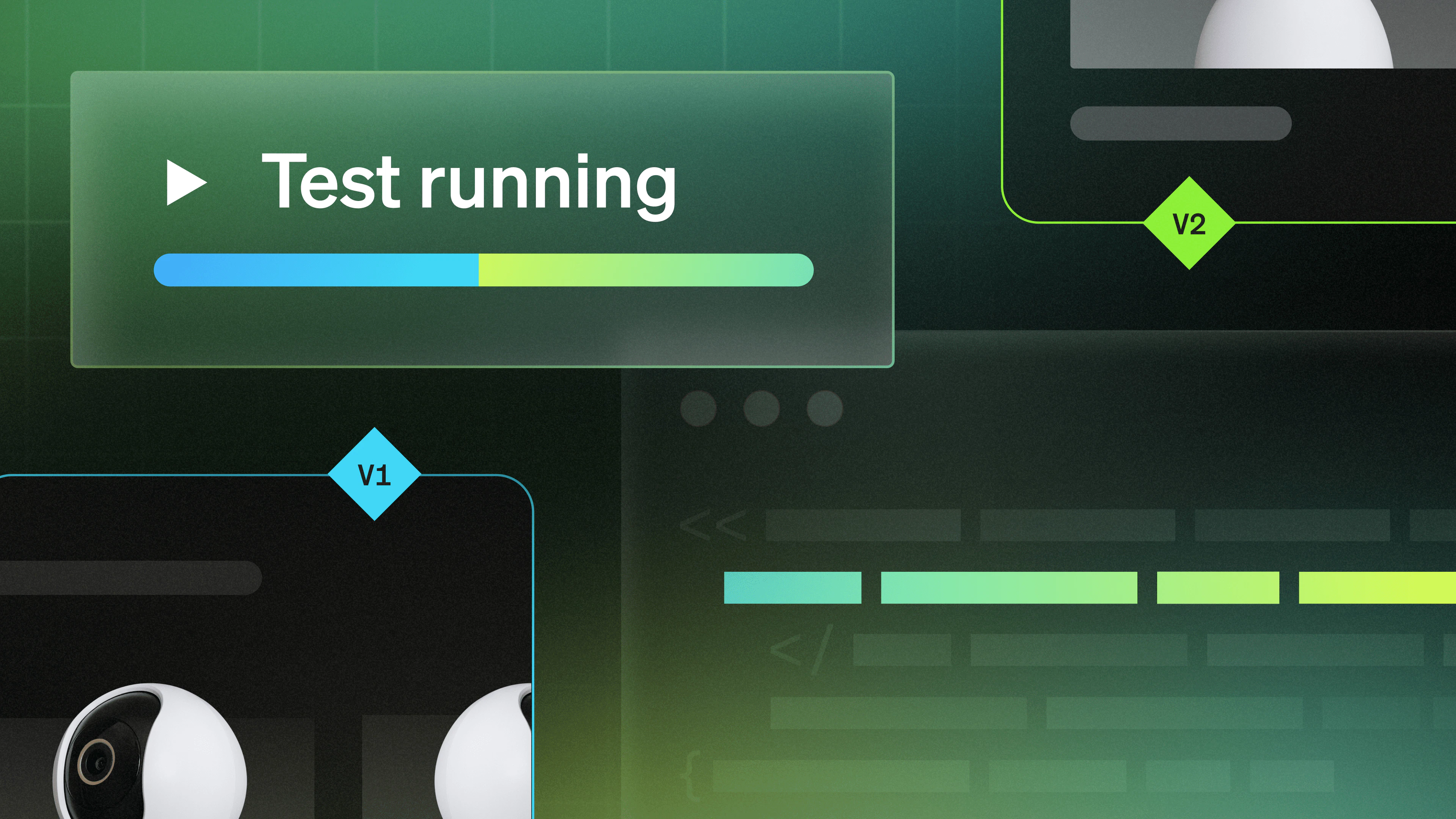 On a gradient green background, the words "Test running" appear above a status bar that appears to show a process halfway toward completion.