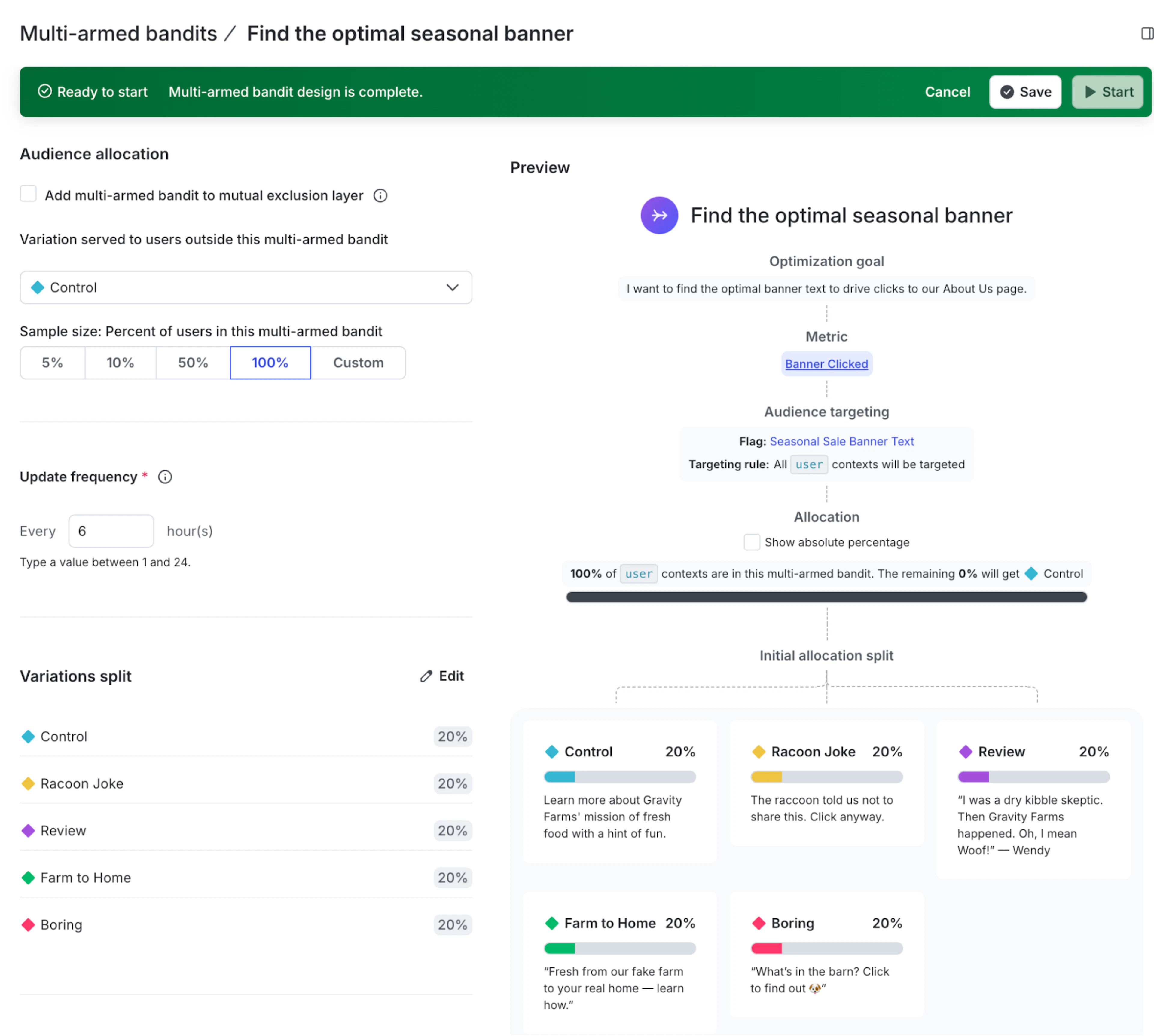 Another screen for configuring the experiment, including a field for specifying update frequency.