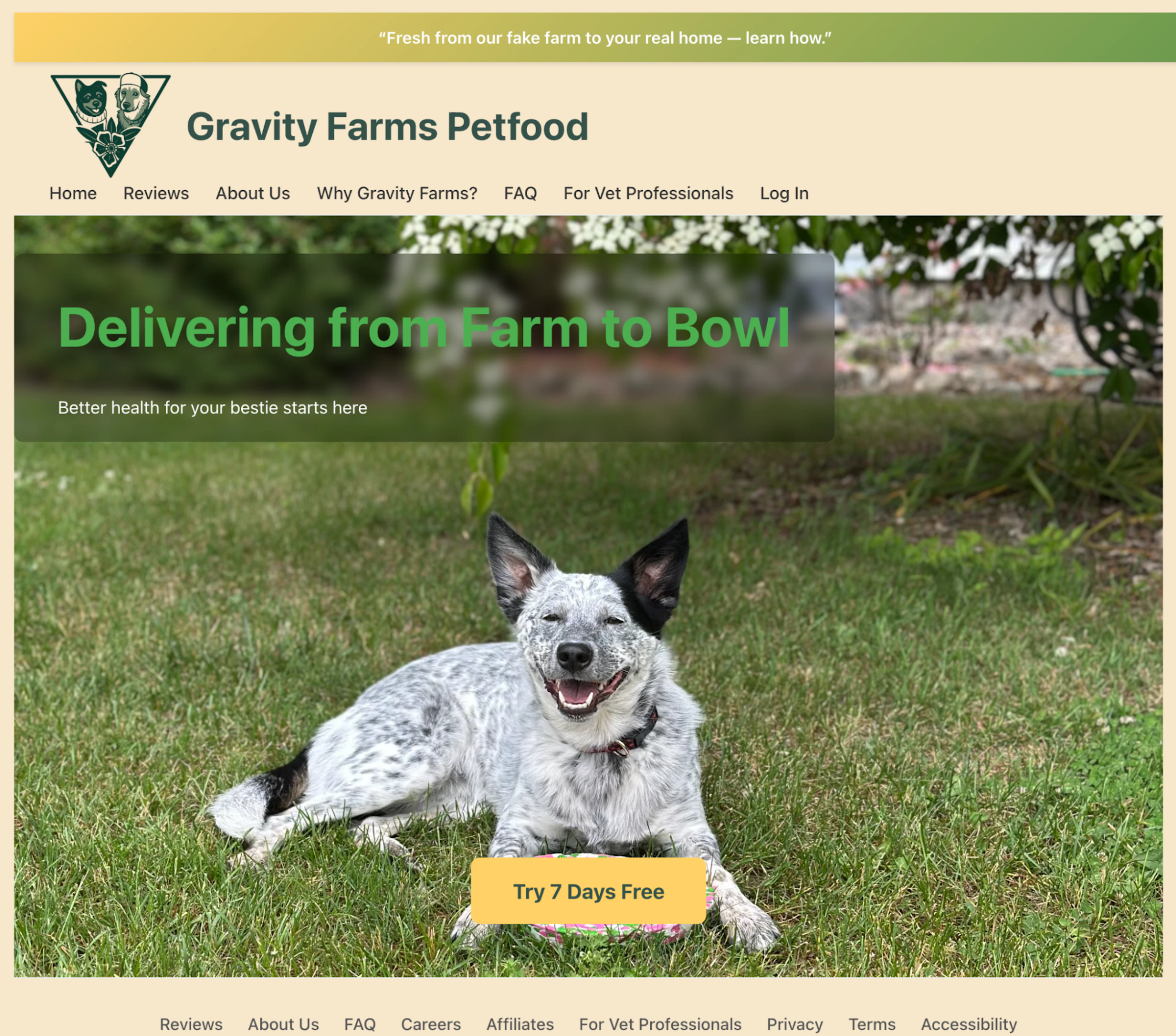 An image of a happy dog lying in the grass, with a logo for Gravity Farms Pet Food in the top left corner and a headline below it that reads "Delivering from Farm to Bowl."