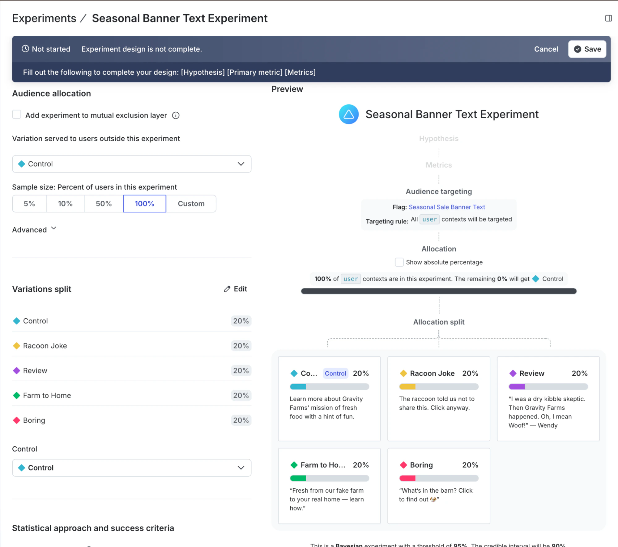A screen showing panels for configuring settings and viewing result data for an experiment.