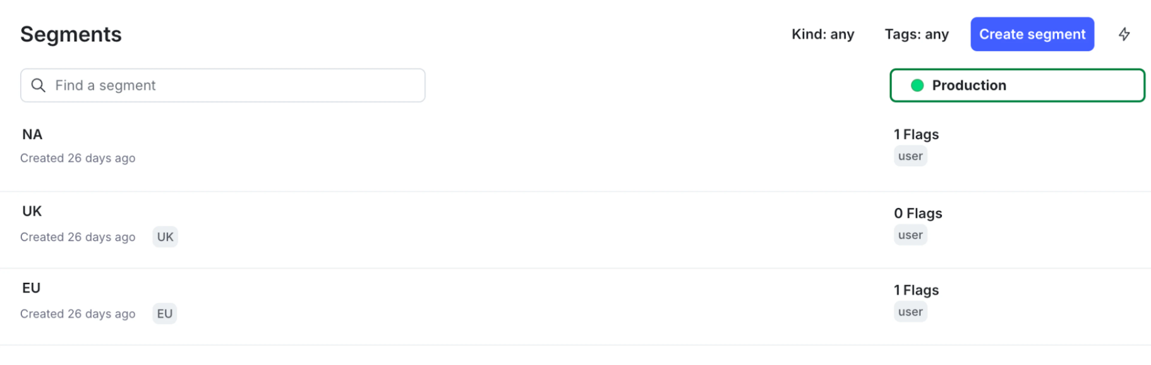 A screenshot of the user segments setup screen with each attribute specifying the country where the user is located.