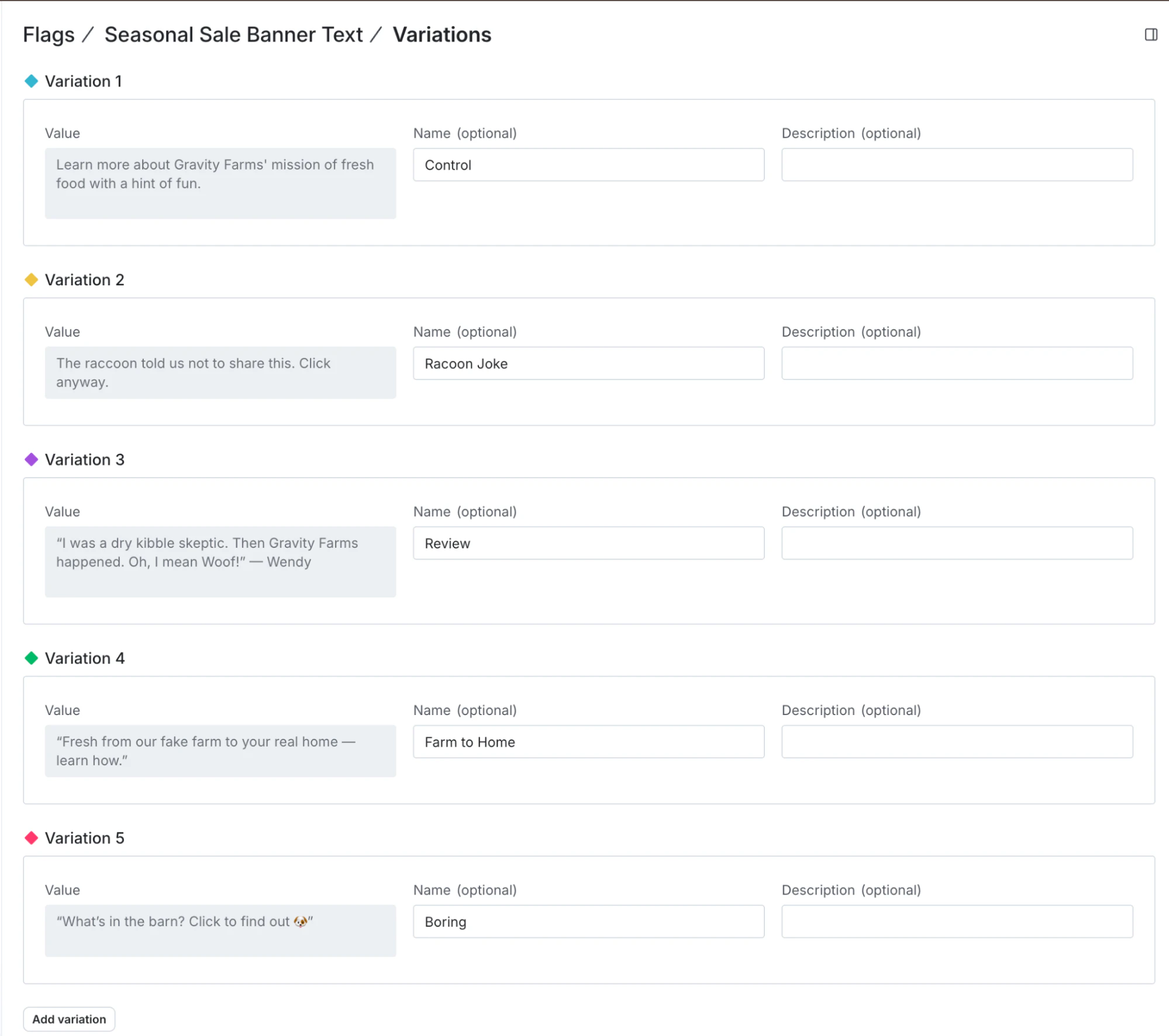 A screen showing fields where the user can define variations. The fields include string flags that display the text the user specifies for the banner.