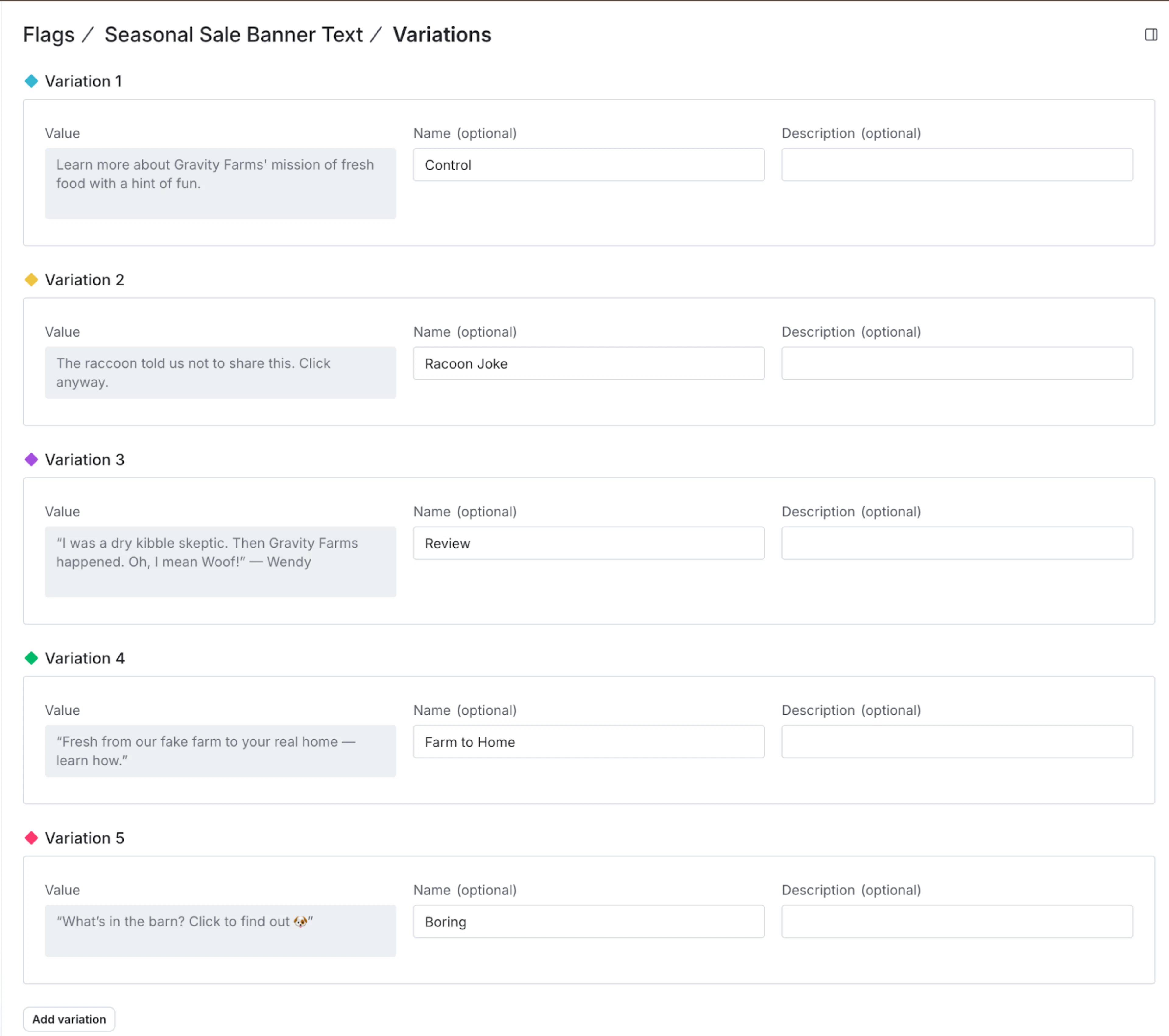 A screen showing fields where the user can define variations. The fields include string flags that display the text the user specifies for the banner.