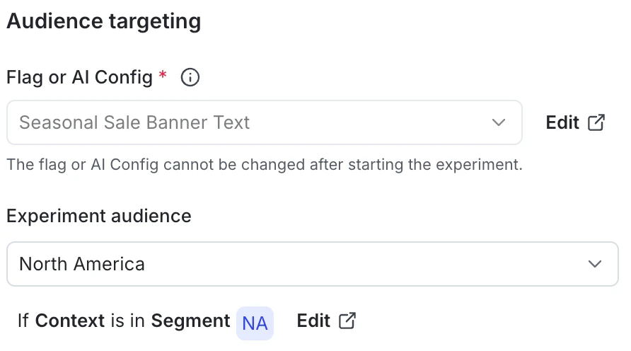 A screen showing fields used for audience targeting for the experiment.