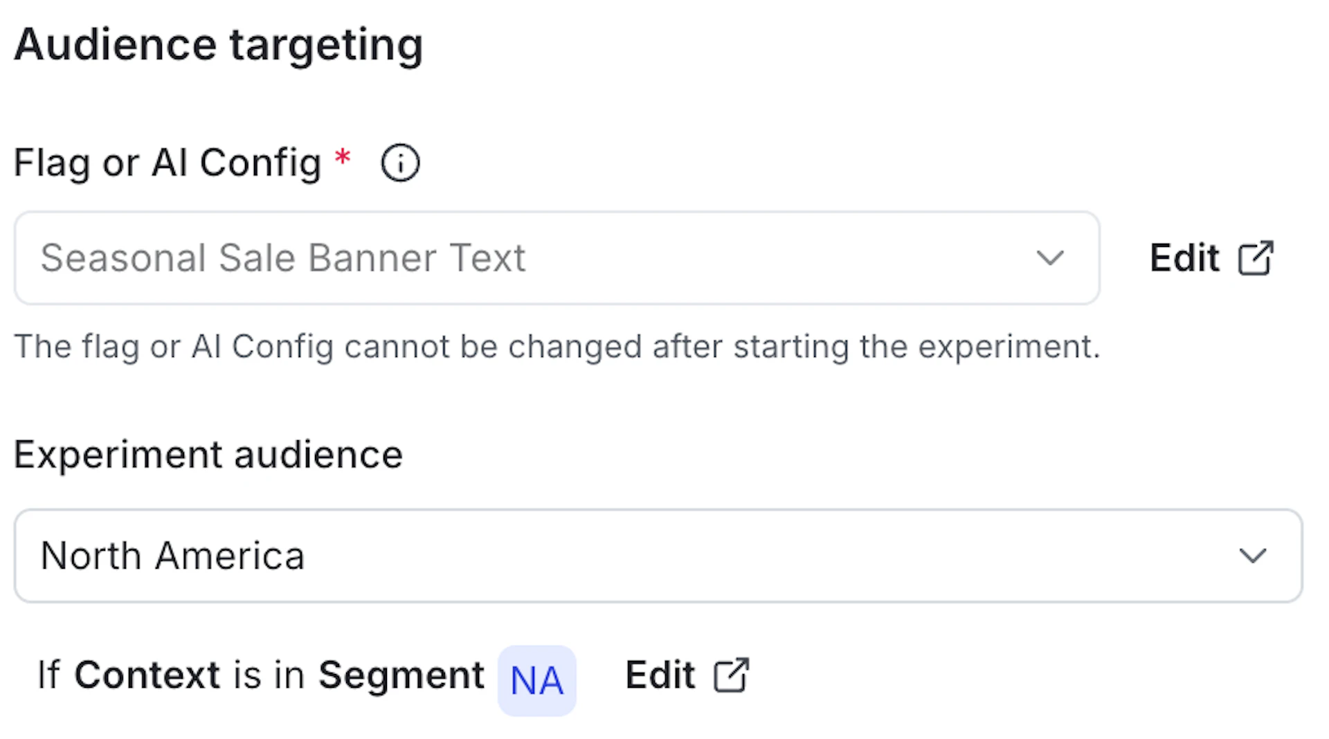 A screen showing fields used for audience targeting for the experiment.