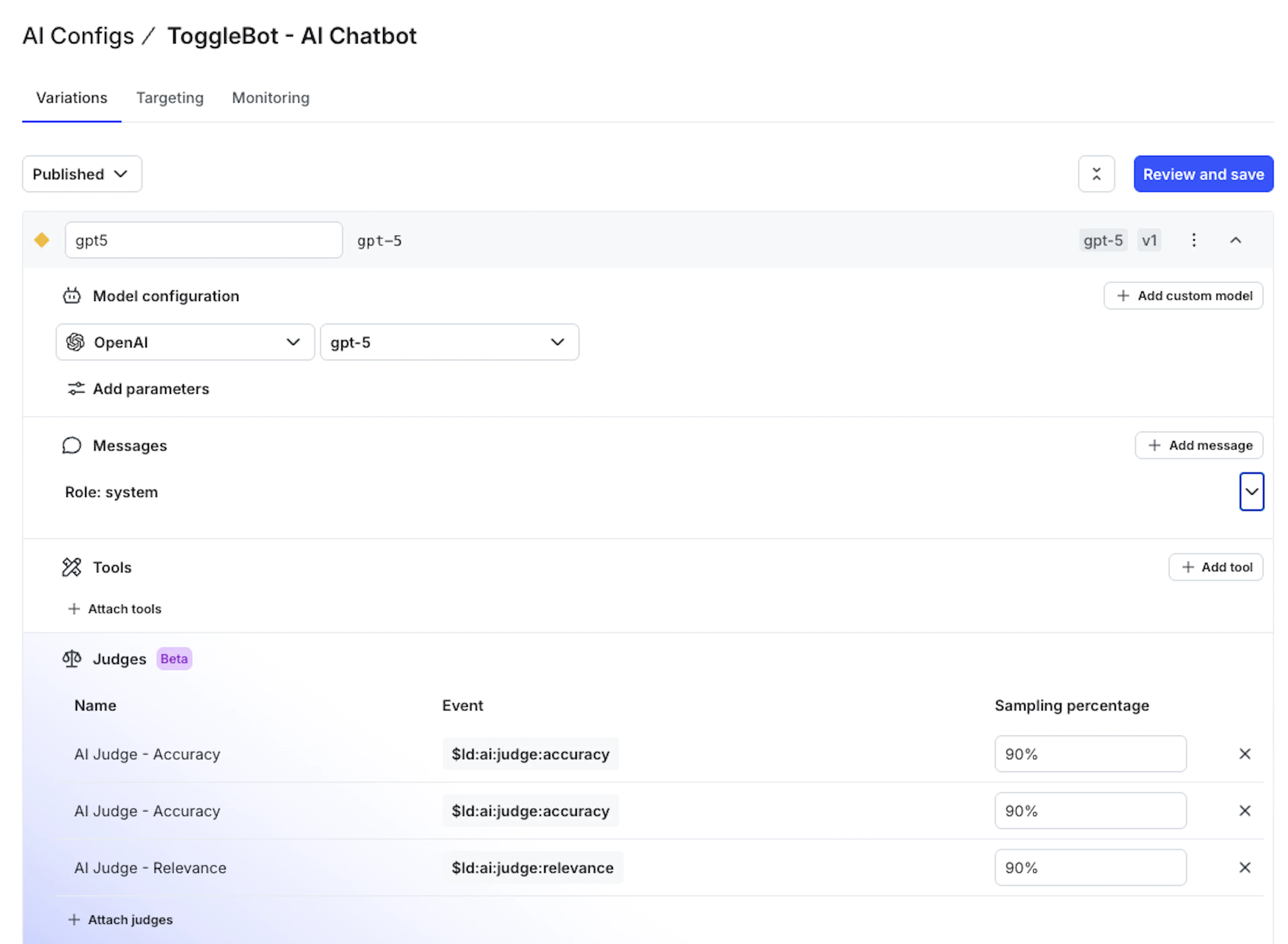 a screen showing configuration options for the AI Configs toggle bot