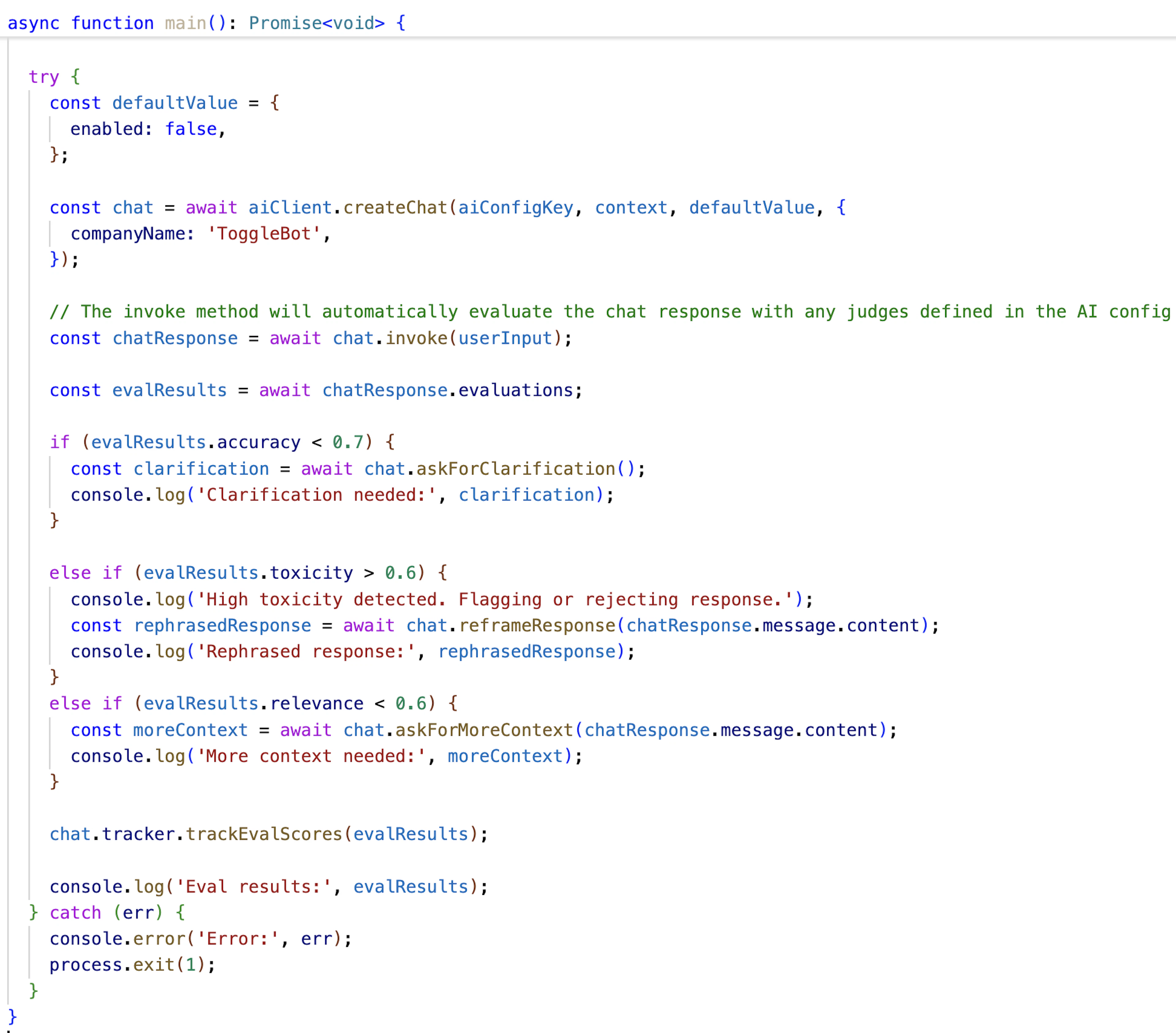 code snippet showing how the invoke method will automatically evaluate the chat response