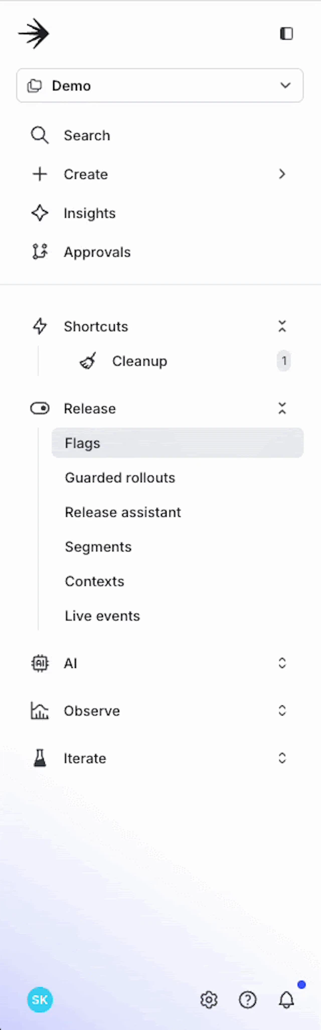 a .gif showing a cursor moving around and displaying options in the left navigation panel of the new LaunchDarkly navigation UI