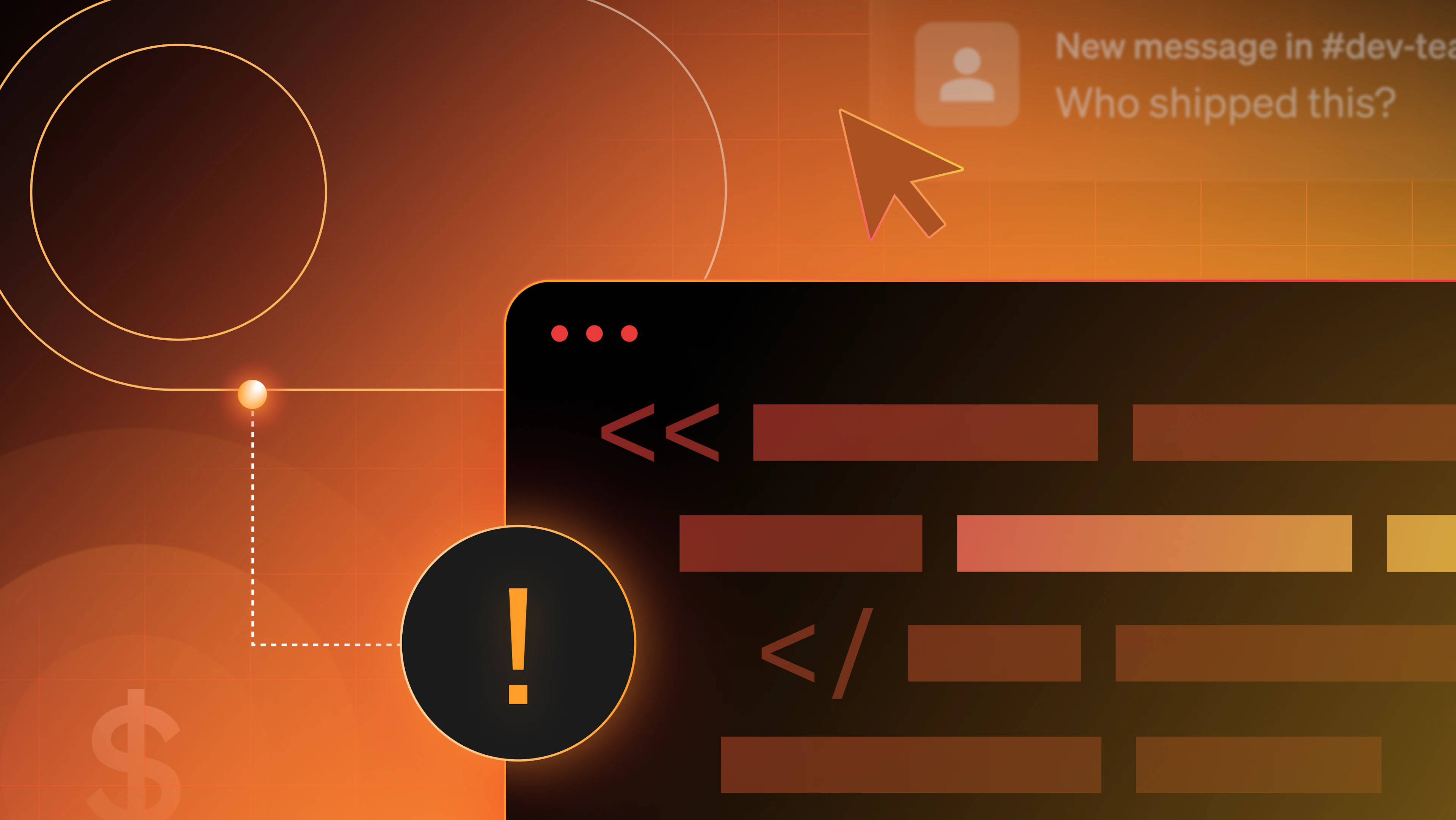 A dark code editor interface with lines of code and an alert icon, set against an orange gradient background with grid lines and a notification bubble that reads “Who shipped this?”