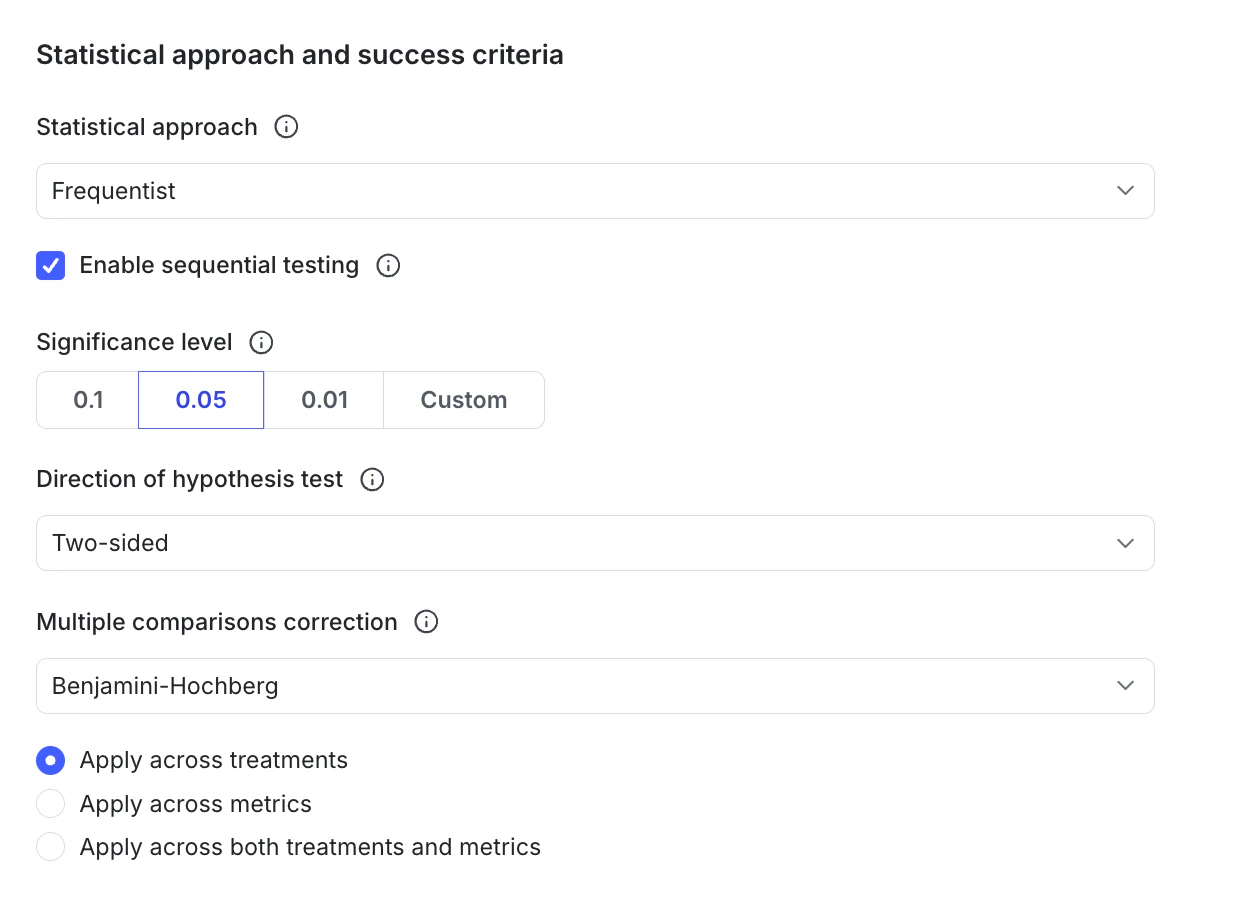 Screenshot of LaunchDarkly’s experiment settings panel showing Frequentist analysis selected, sequential testing enabled, a 0.05 significance level, two-sided hypothesis testing, and Benjamini-Hochberg multiple comparisons correction applied across treatments.