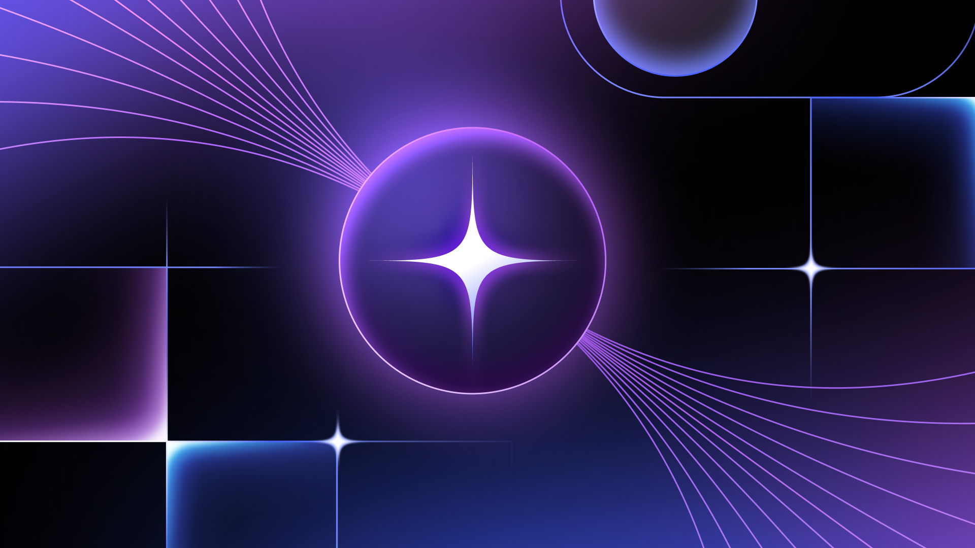 An imageAbstract illustration in purple and blue tones featuring a glowing central sphere with a bright star-like shape inside. of a white 