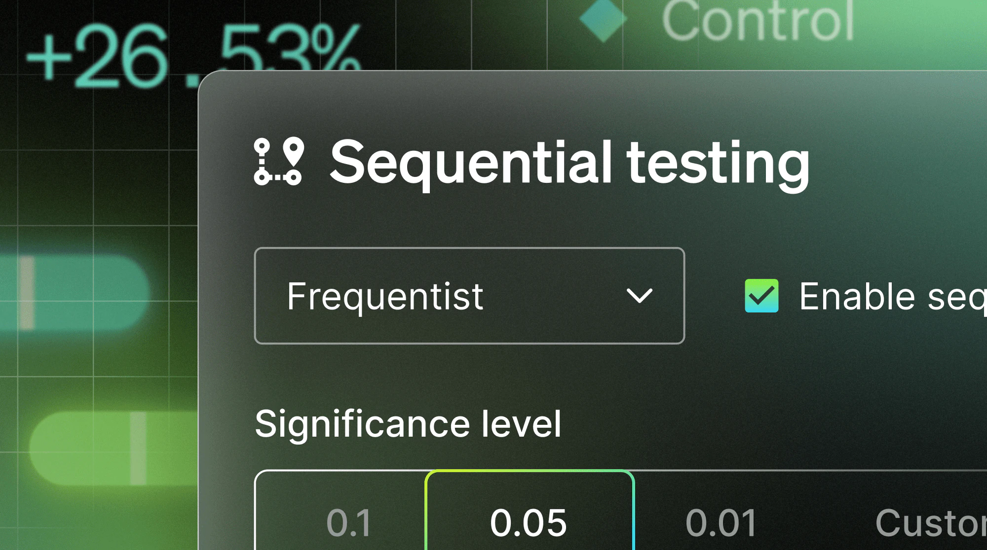 Screenshot of the LaunchDarkly Experimentation interface showing the Sequential testing option enabled under Frequentist analysis, with significance level settings displayed.