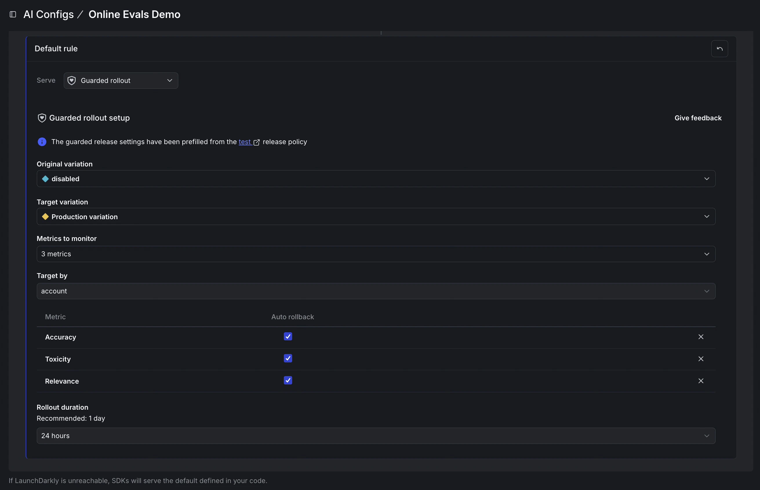 Guarded rollout setup in AI Configs showing monitored metrics with auto-rollback enabled for accuracy, relevance, and toxicity.