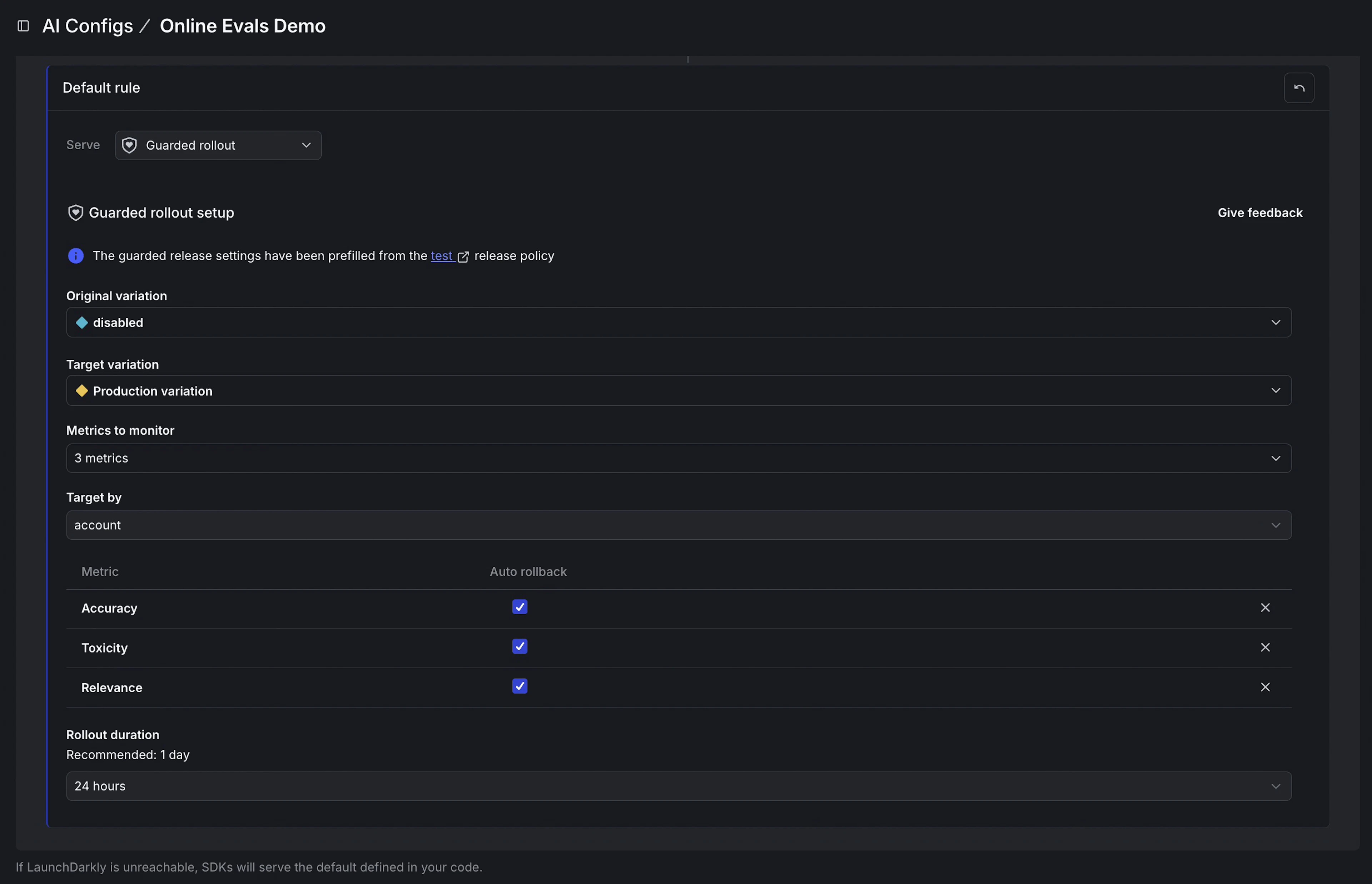 Guarded rollout setup in AI Configs showing monitored metrics with auto-rollback enabled for accuracy, relevance, and toxicity.