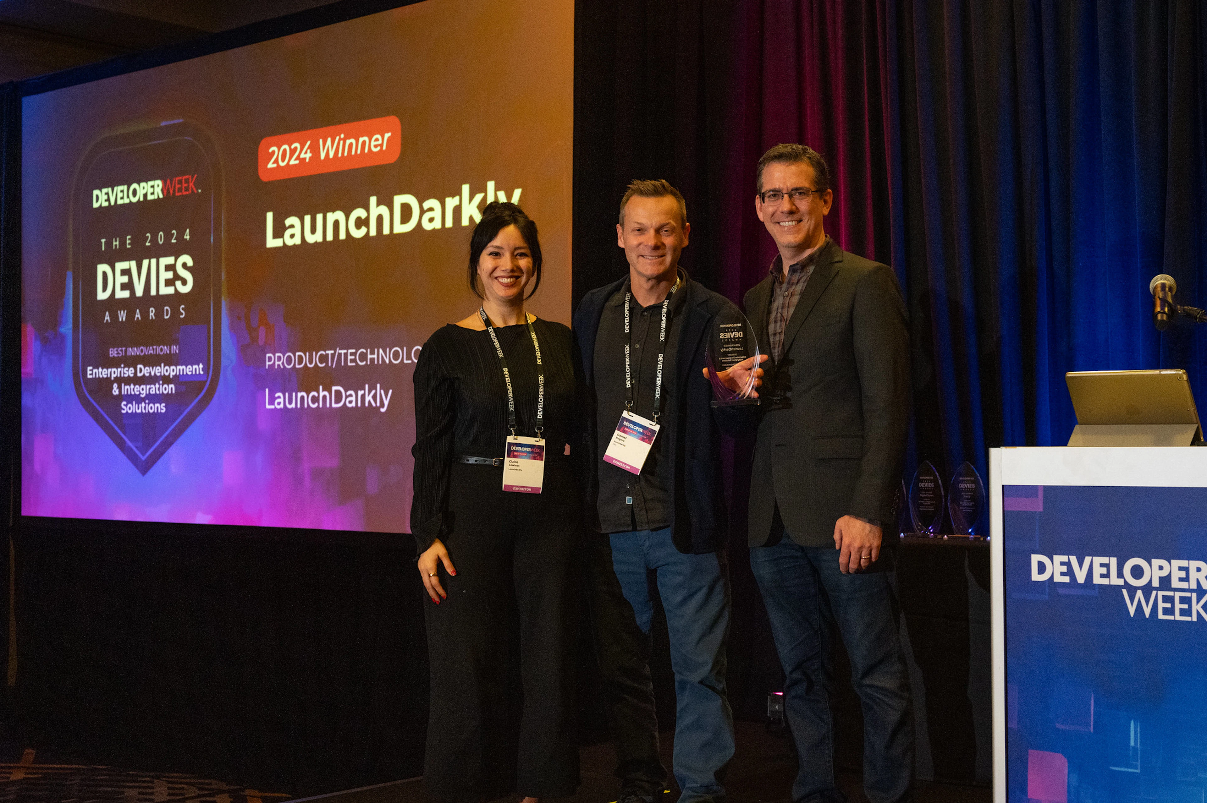 LaunchDarkly's CEO Dan Rogers and CPO Claire Vo accept the 2024 DEVIES Award on Wednesday, Feb 21, 2024, at the Oakland Convention Center. 