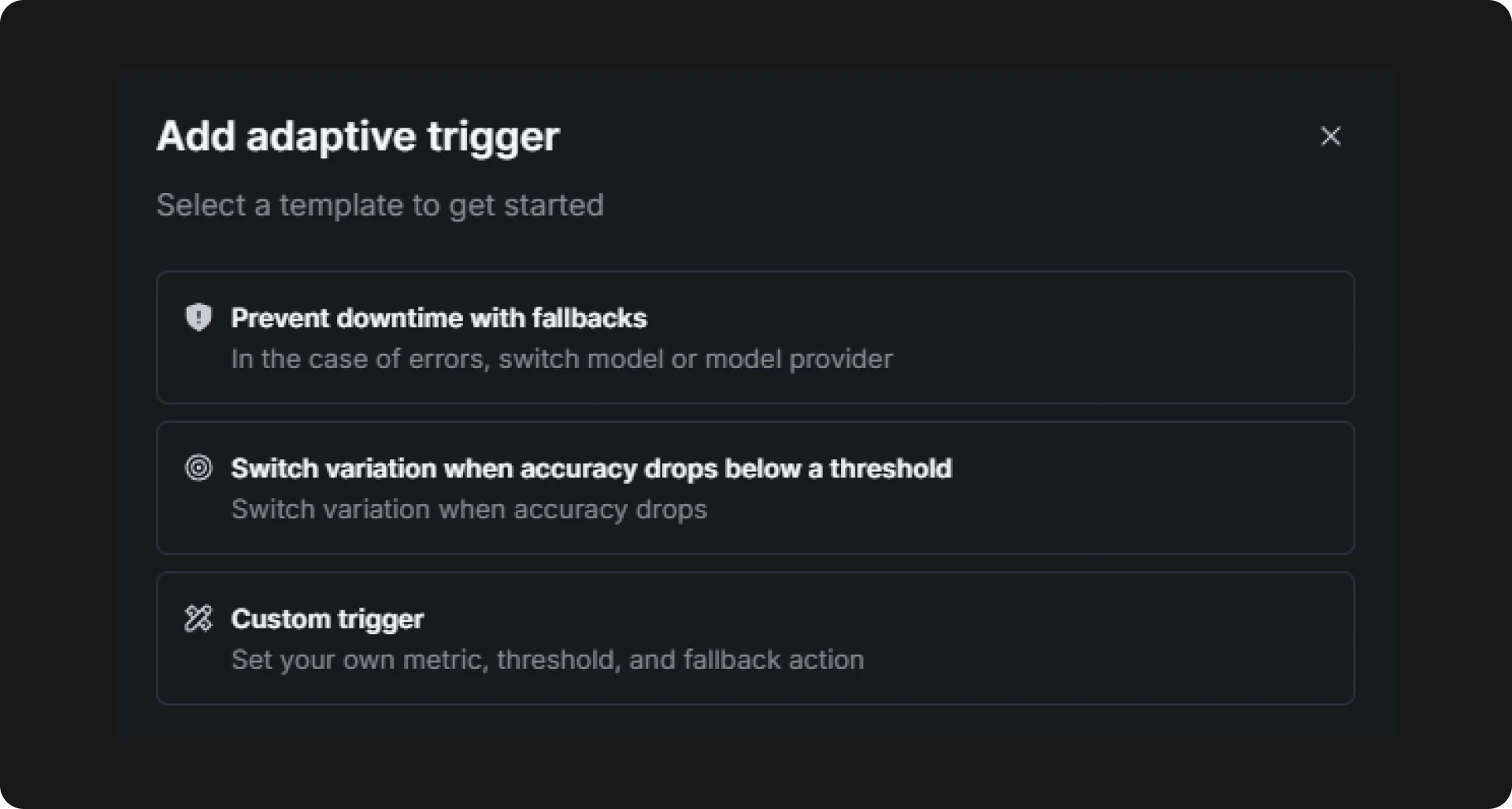 The Add adaptive trigger dialog in LaunchDarkly with three templates: prevent downtime with fallbacks, switch variation when accuracy drops below a threshold, and custom trigger