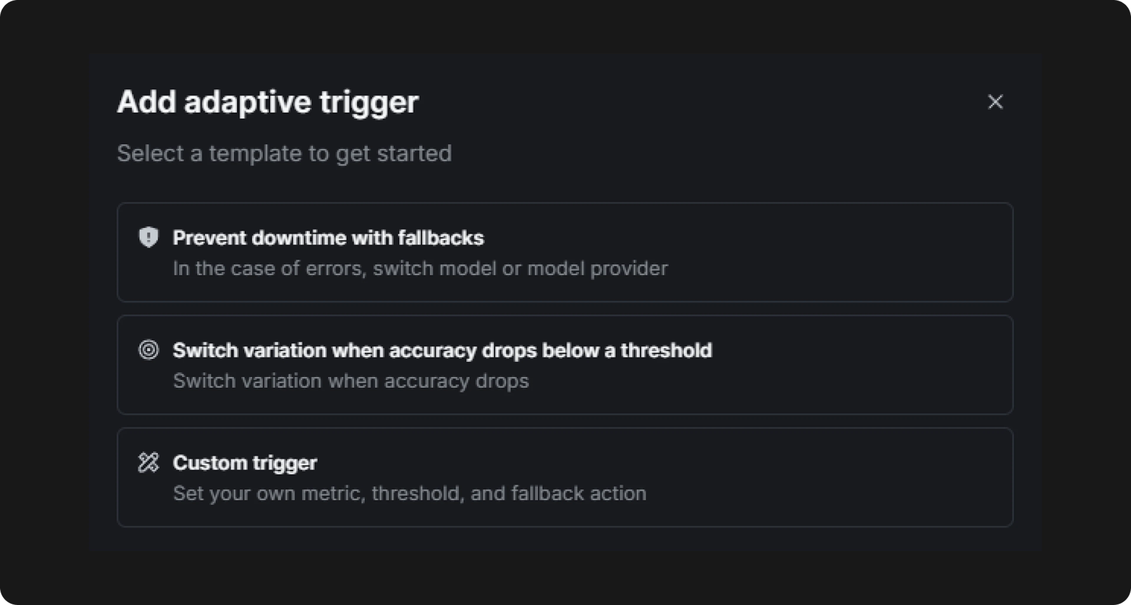 The Add adaptive trigger dialog in LaunchDarkly with three templates: prevent downtime with fallbacks, switch variation when accuracy drops below a threshold, and custom trigger