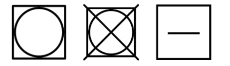 (Left to right) Square with circle, crossed out square circle, horizontal line inside the square 