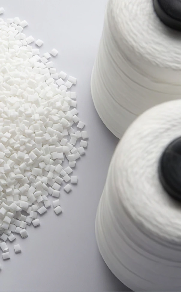 White plastic pellets and two tall spools of white synthetic thread on a pale surface.