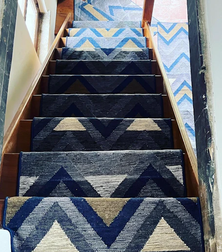 Farmhouse staircase installation, handloom Chevron